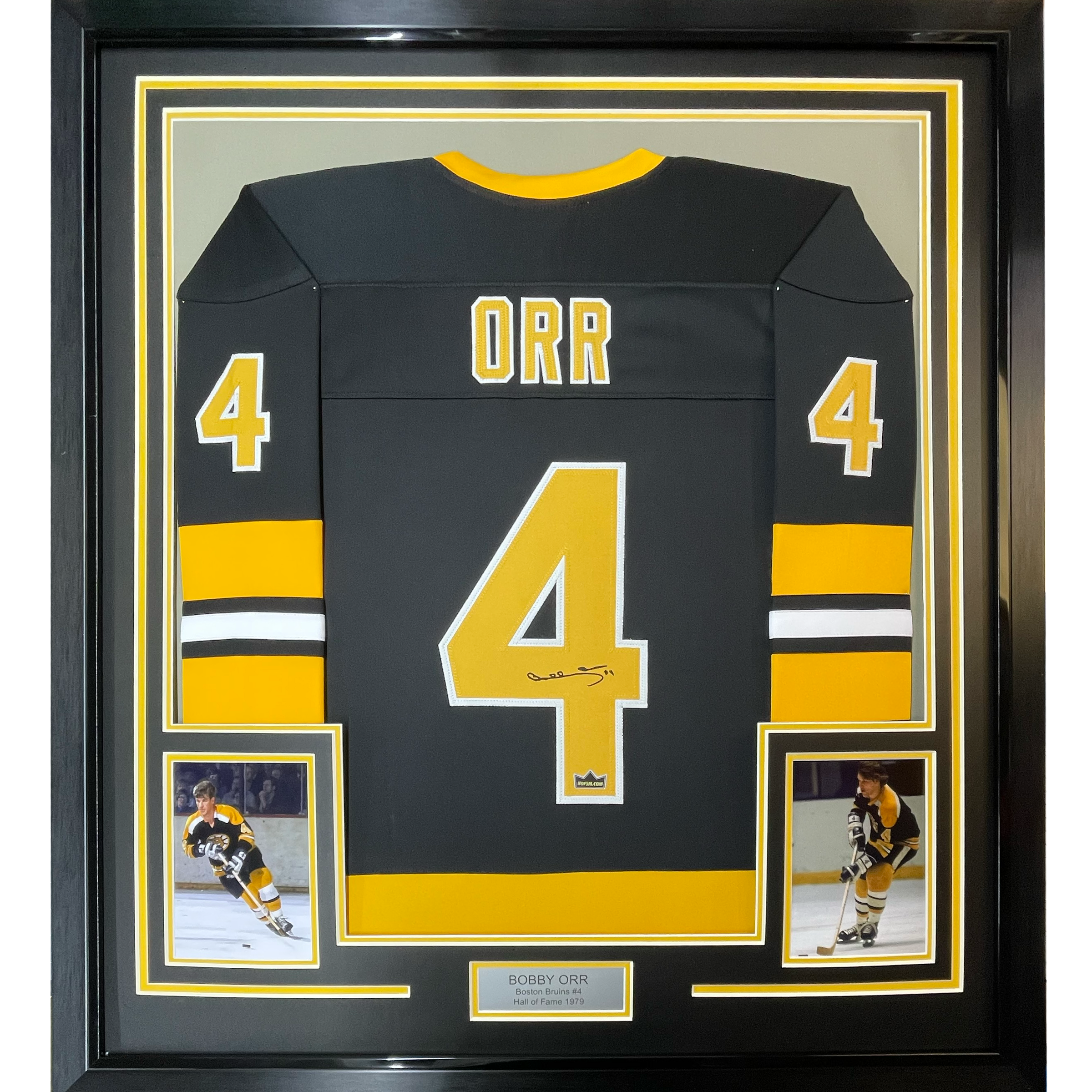 Framed Facsimile Autographed Bobby Orr 35x39 Boston Black Reprint Laser Auto Hockey Jersey