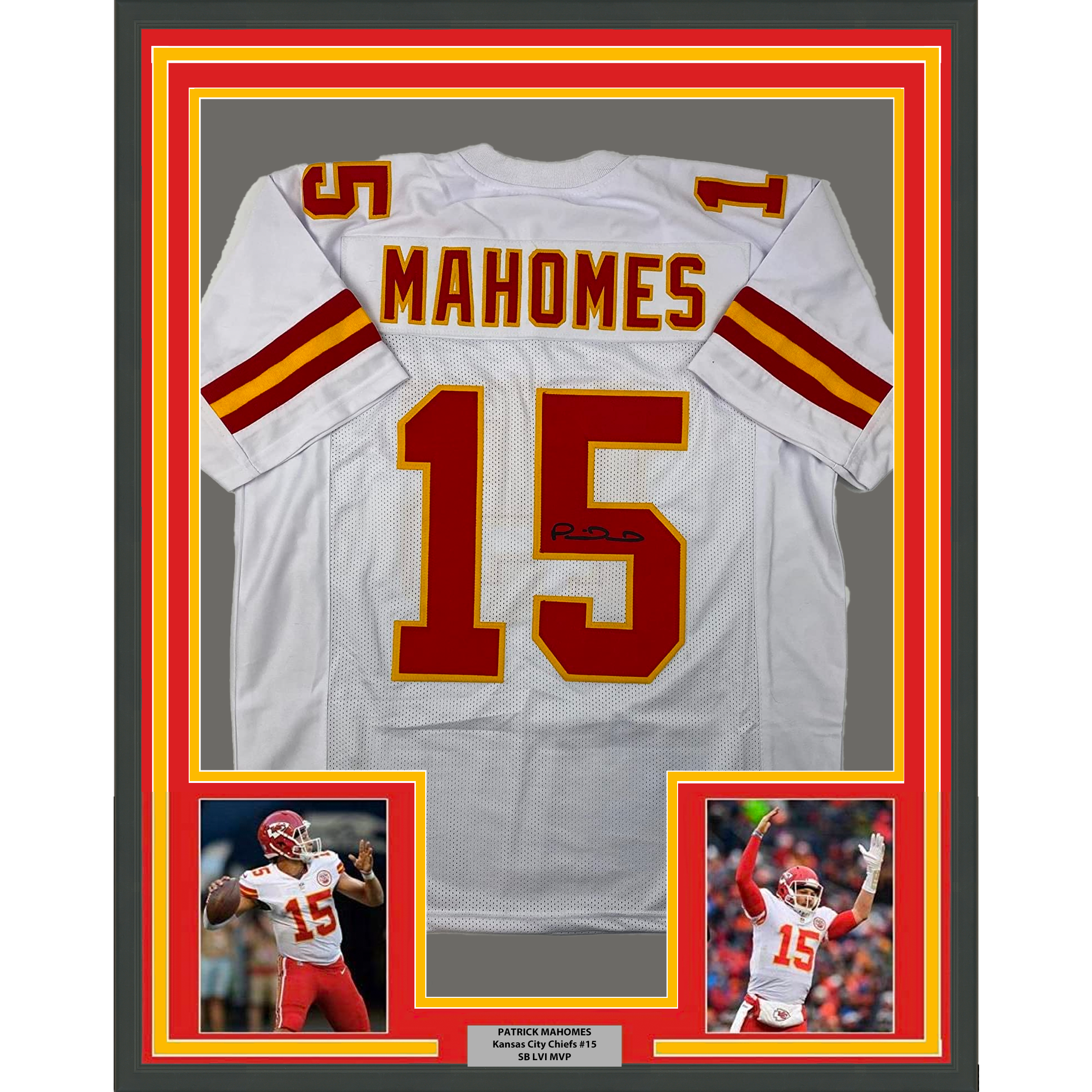 Framed Facsimile Autographed Patrick Mahomes 35x39 Kansas City White Reprint Laser Auto Football Jersey Size Men's XL