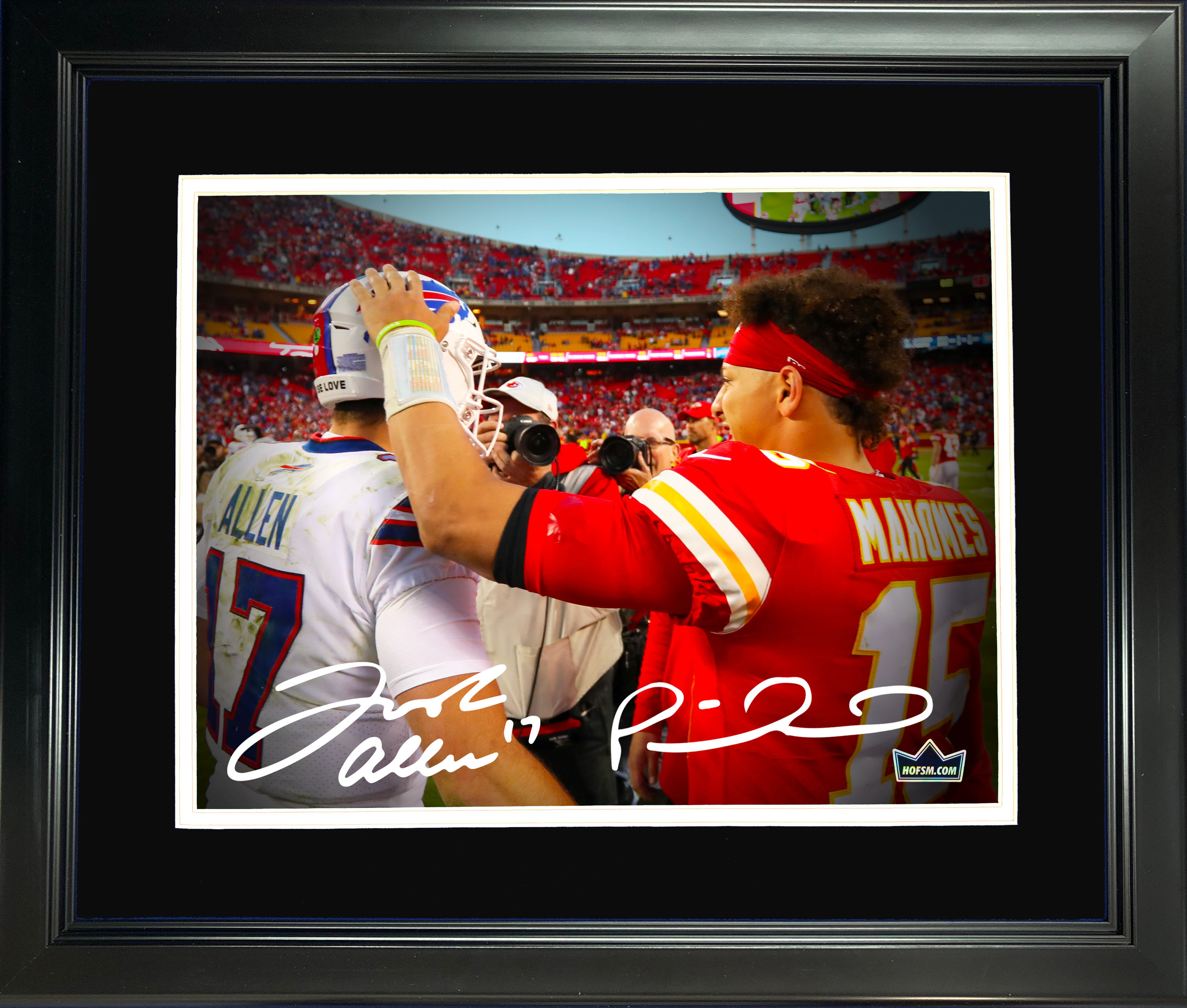 Framed Patrick Mahomes & Josh Allen Dual Facsimile Laser Engraved Signature Auto 11"x14" Football Photo HOFSM Holo