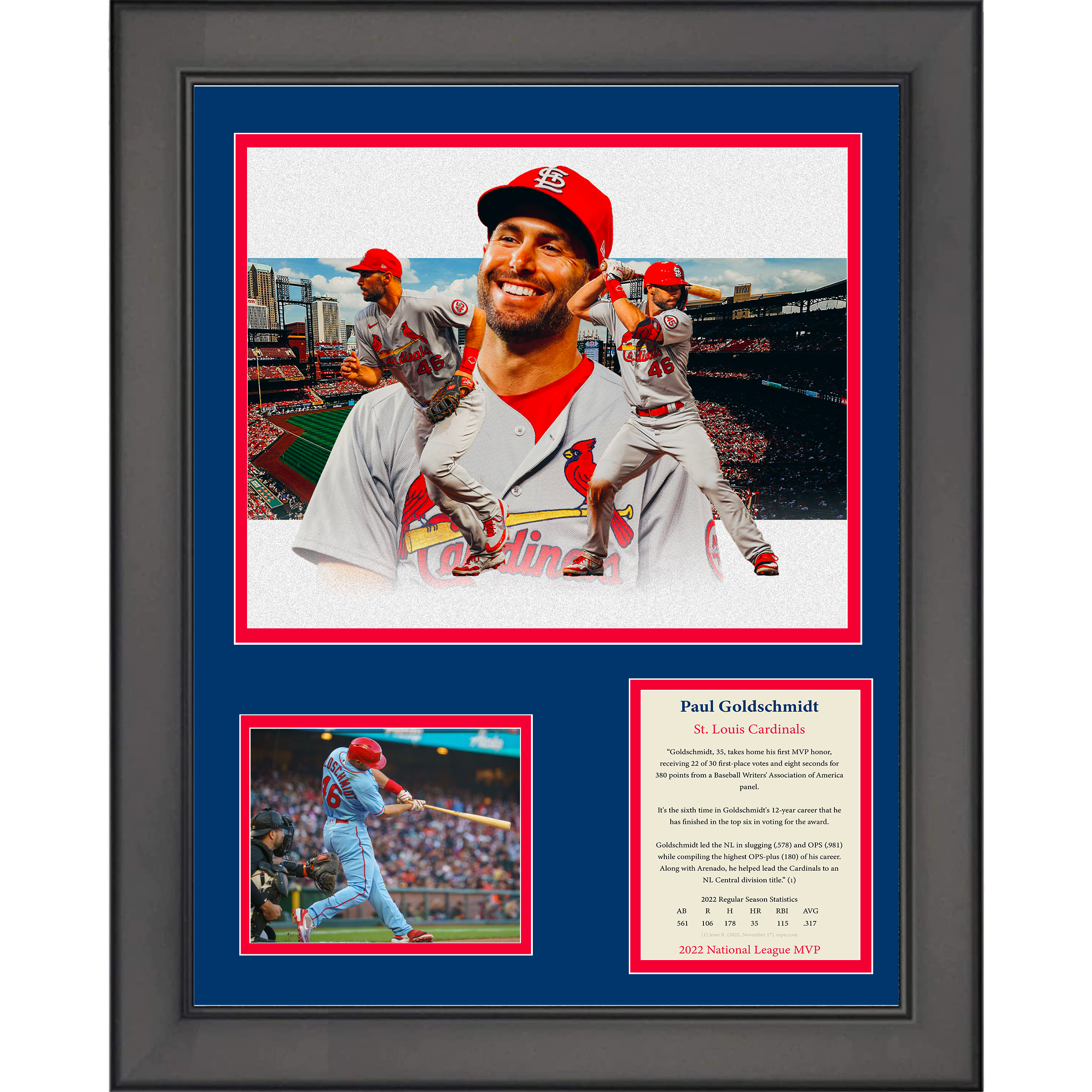 Framed Paul Goldschmidt NL MVP 2022 St. Louis Cardinals Baseball 11"x14" Three Photo Collage