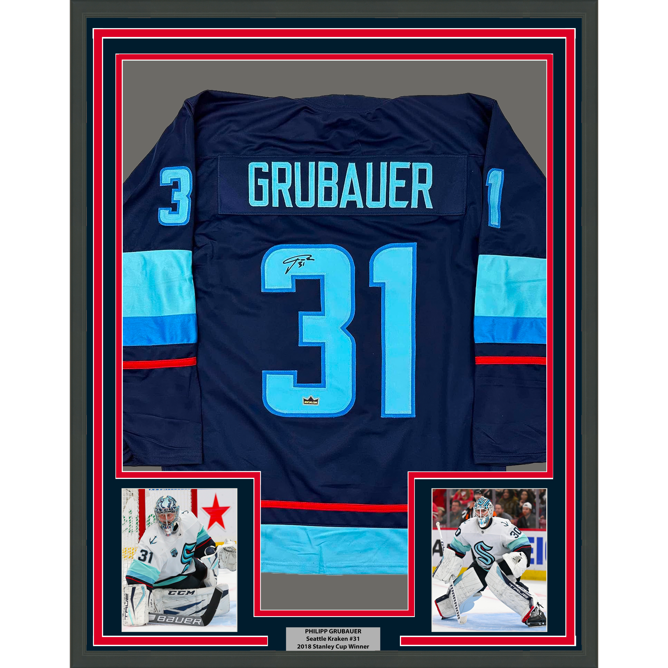 Framed Facsimile Autographed Philipp Grubauer 35x39 Seattle Blue Reprint Laser Auto Hockey Jersey