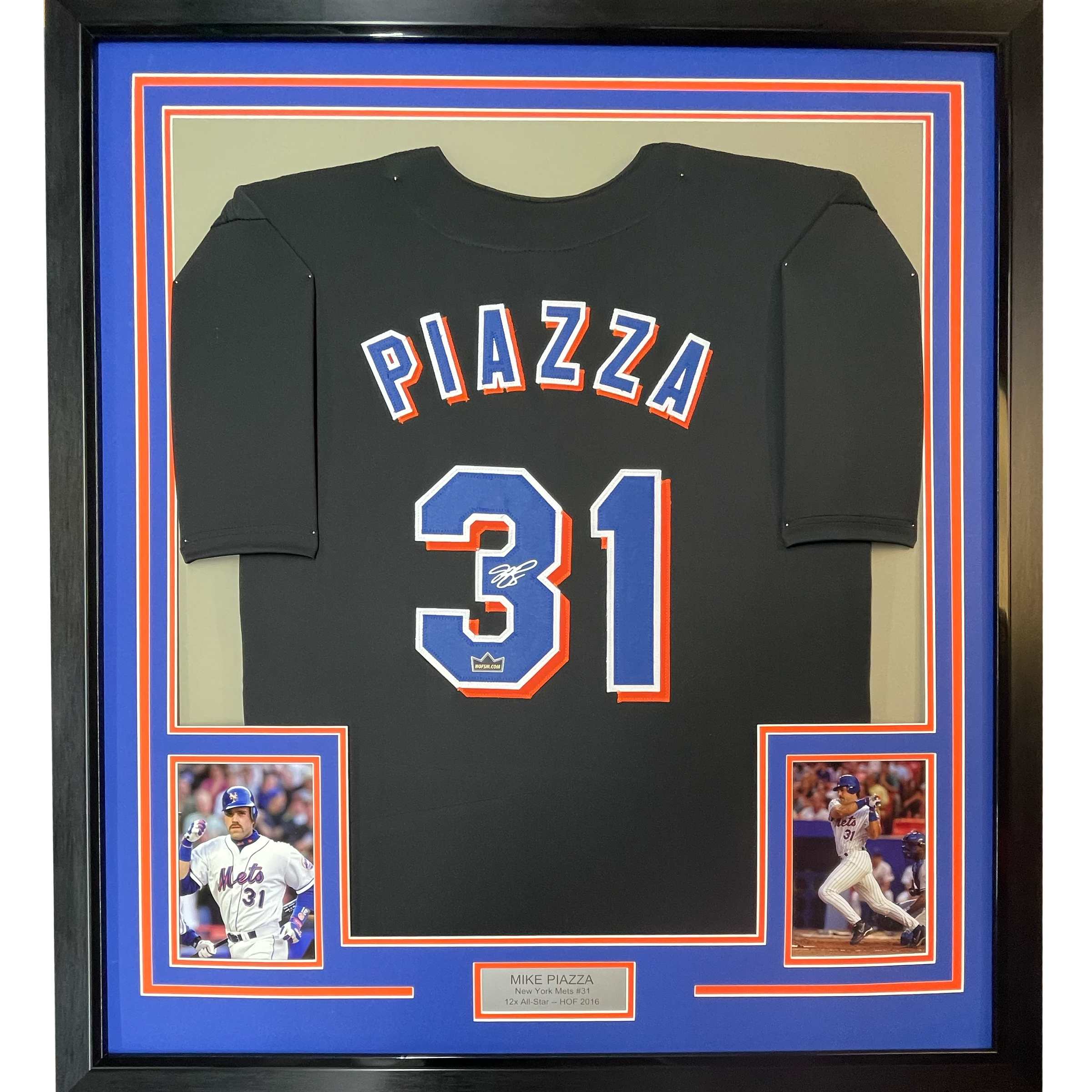 Framed Facsimile Autographed Mike Piazza 35x39 New York Black Reprint Laser Auto Baseball Jersey