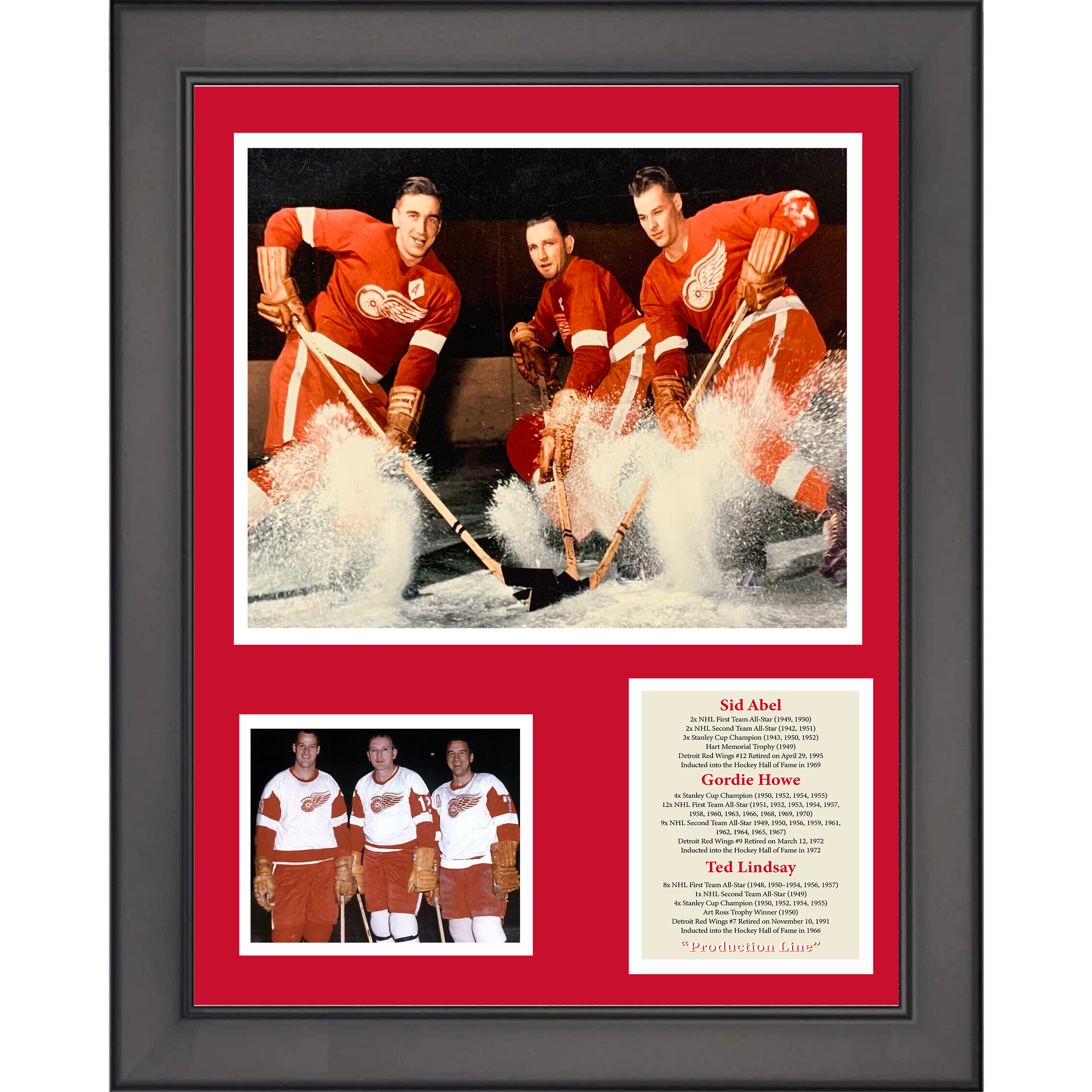 Framed Gordie Howe, Ted Lindsay, Sid Abel Detroit Red Wings Production Line 11"x14" Hockey Three Photo Collage