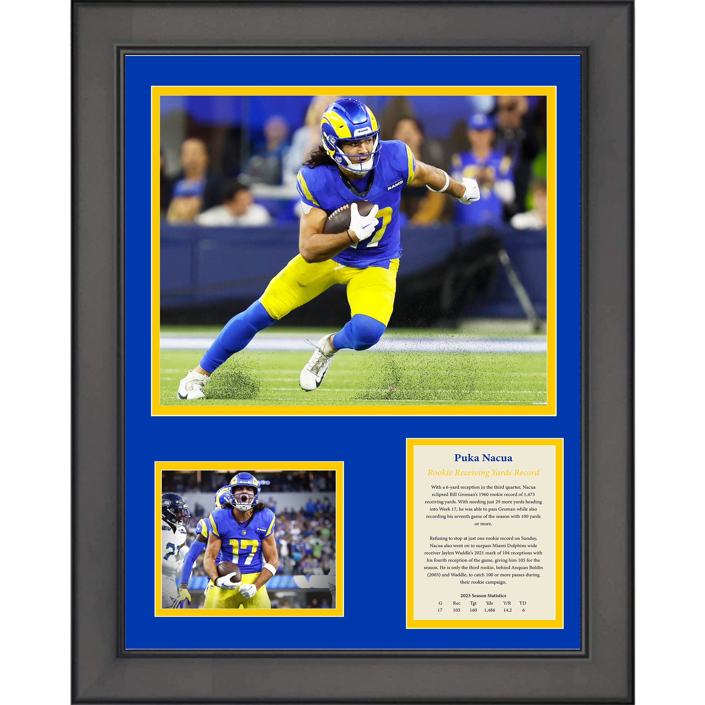 Framed Puka Nacua Rookie Receiving Yards Record Los Angeles Rams 11"x14"Three Photo Collage