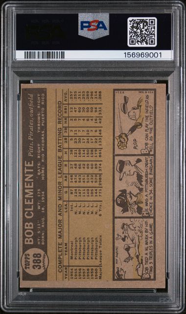 Graded 1961 Topps Bob Roberto Clemente #388 Baseball Card PSA 6 EX-MT