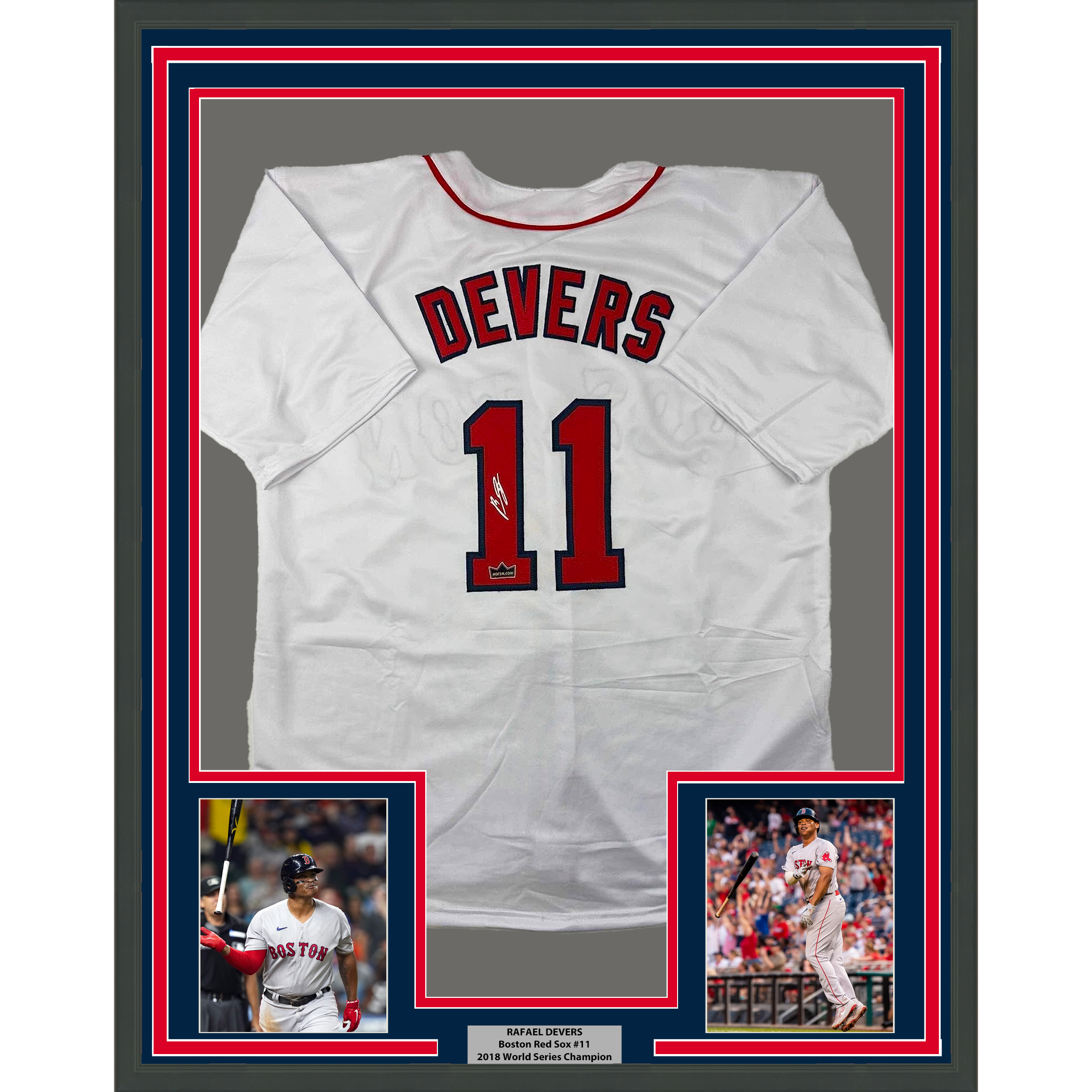 Framed Facsimile Autographed Rafael Devers 35x39 Boston White Reprint Laser Auto Baseball Jersey