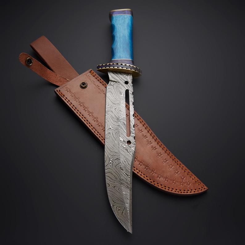 Rambo First Blood Knife - Custom Handmade Damascus Steel Bowie with Colored Bone Handle and Leather Sheath