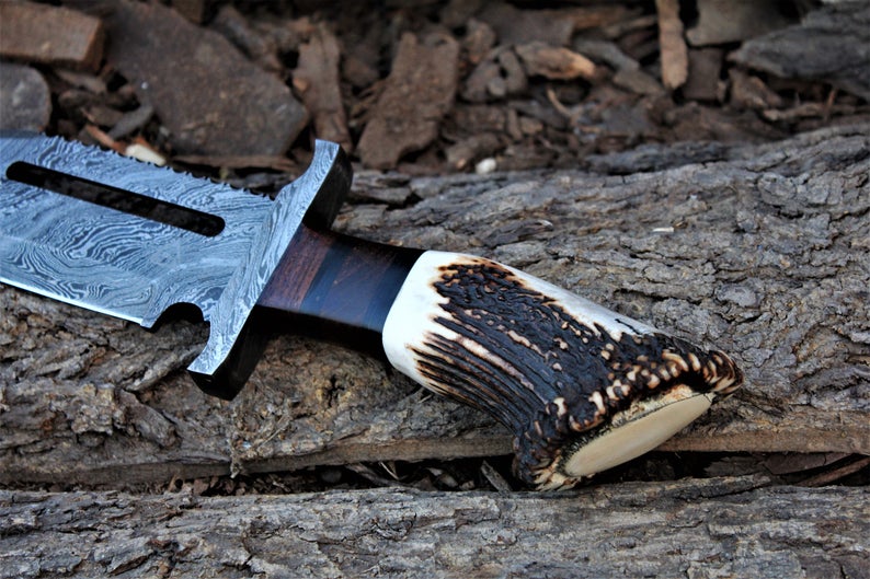 Rambo Knife for Sale - Custom Handmade Damascus Bowie with Rose Wood & Antler Horn