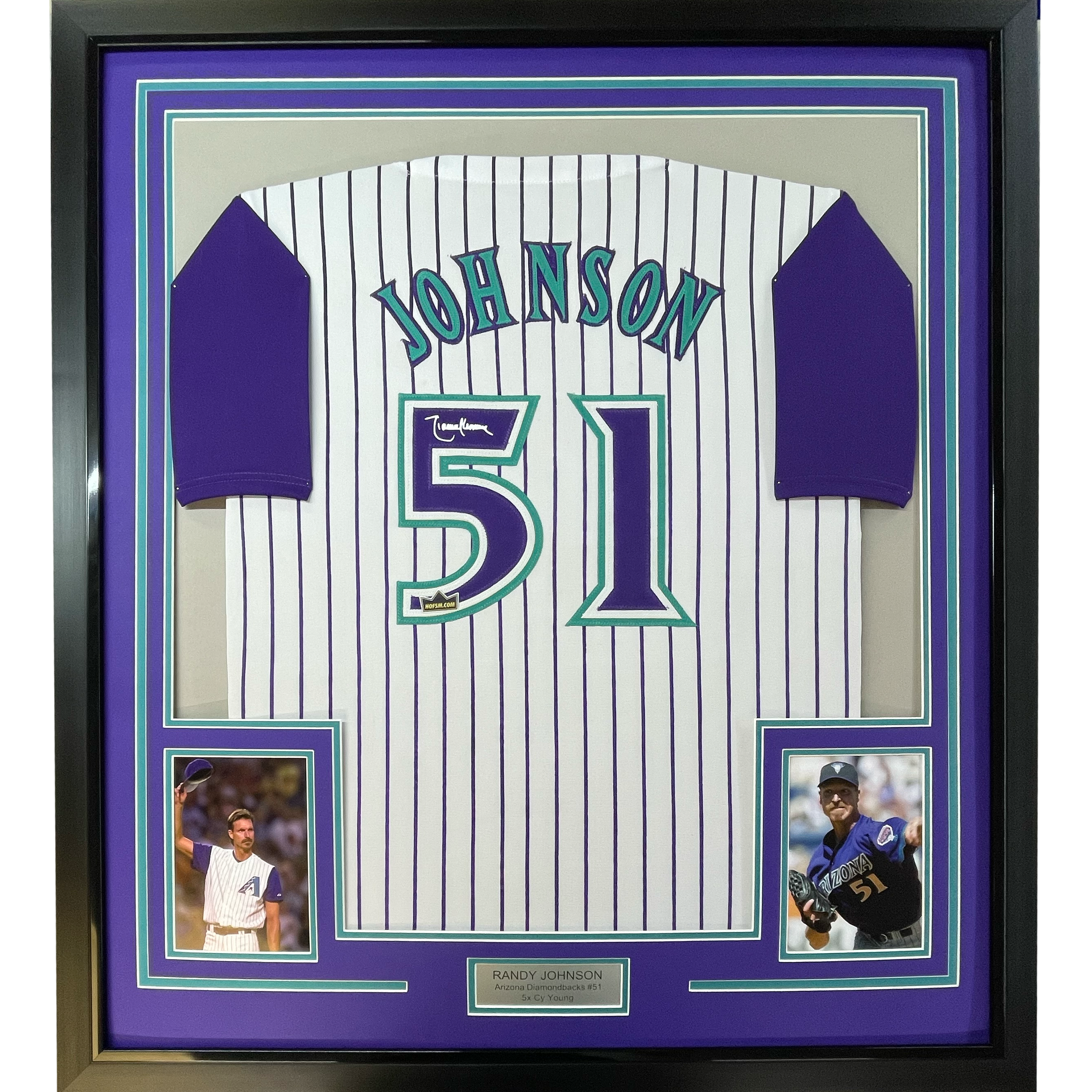 Framed Facsimile Autographed Randy Johnson 35x39 Arizona Pinstripe Reprint Laser Auto Baseball Jersey