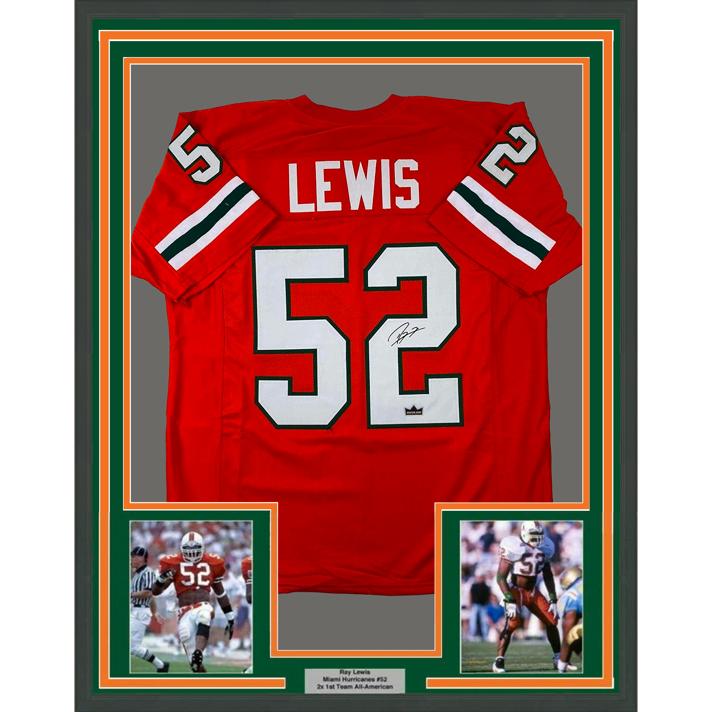 Framed Facsimile Autographed Ray Lewis 35x39 Miami Orange Reprint Laser Auto College Football Jersey