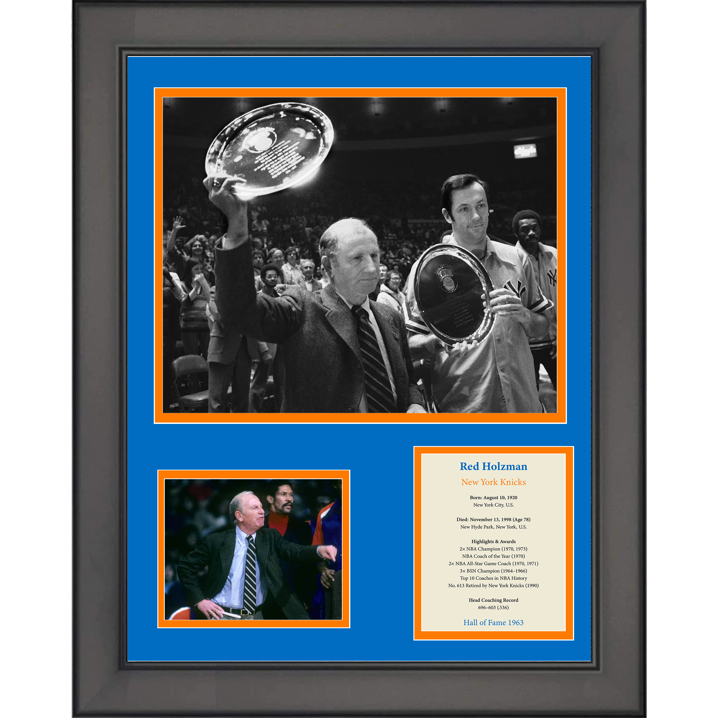 Framed Red Holzman Hall of Fame Basketball 11"x14"Three Photo Collage