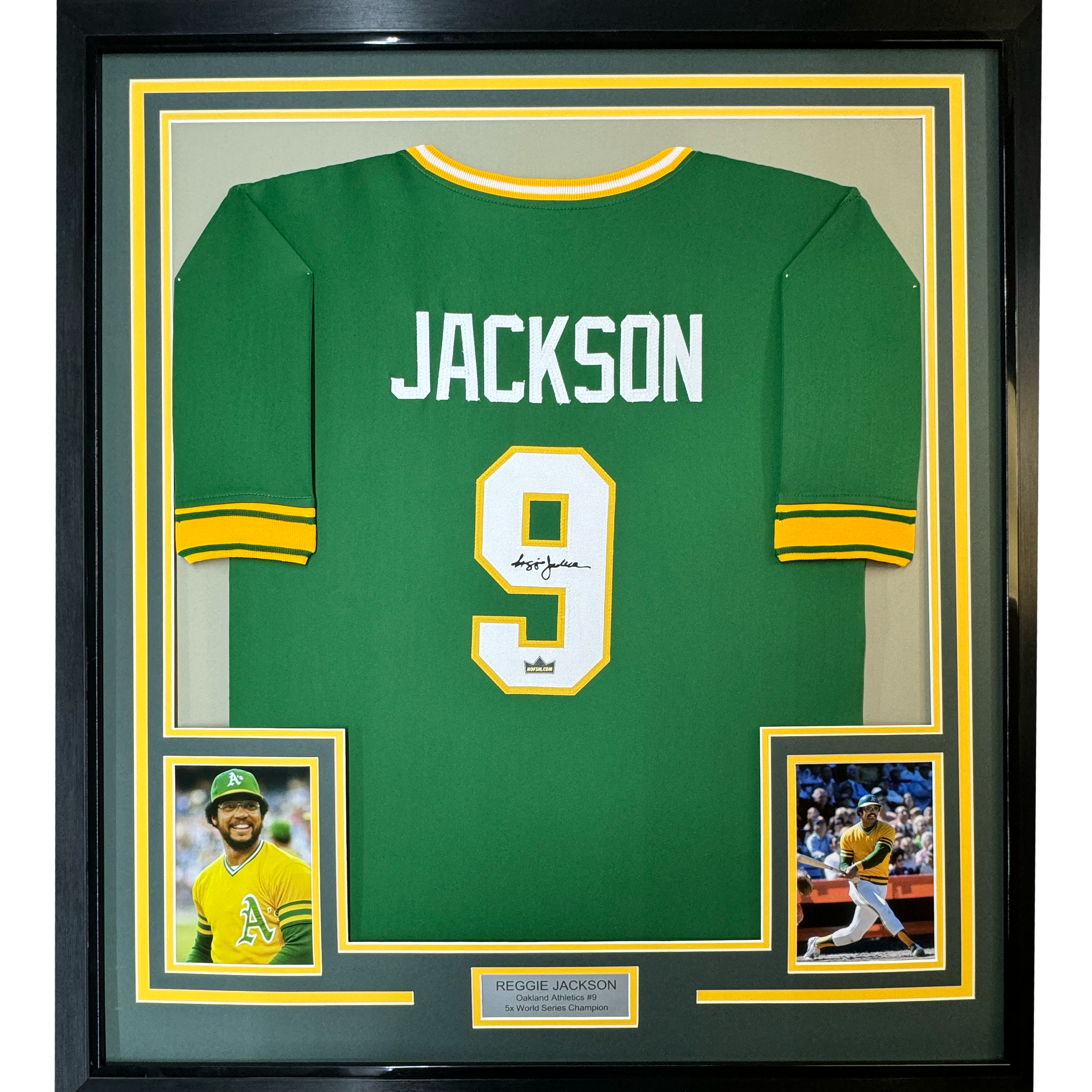 Framed Facsimile Autographed Reggie Jackson 35x39 Oakland Green Reprint Laser Auto Baseball Jersey