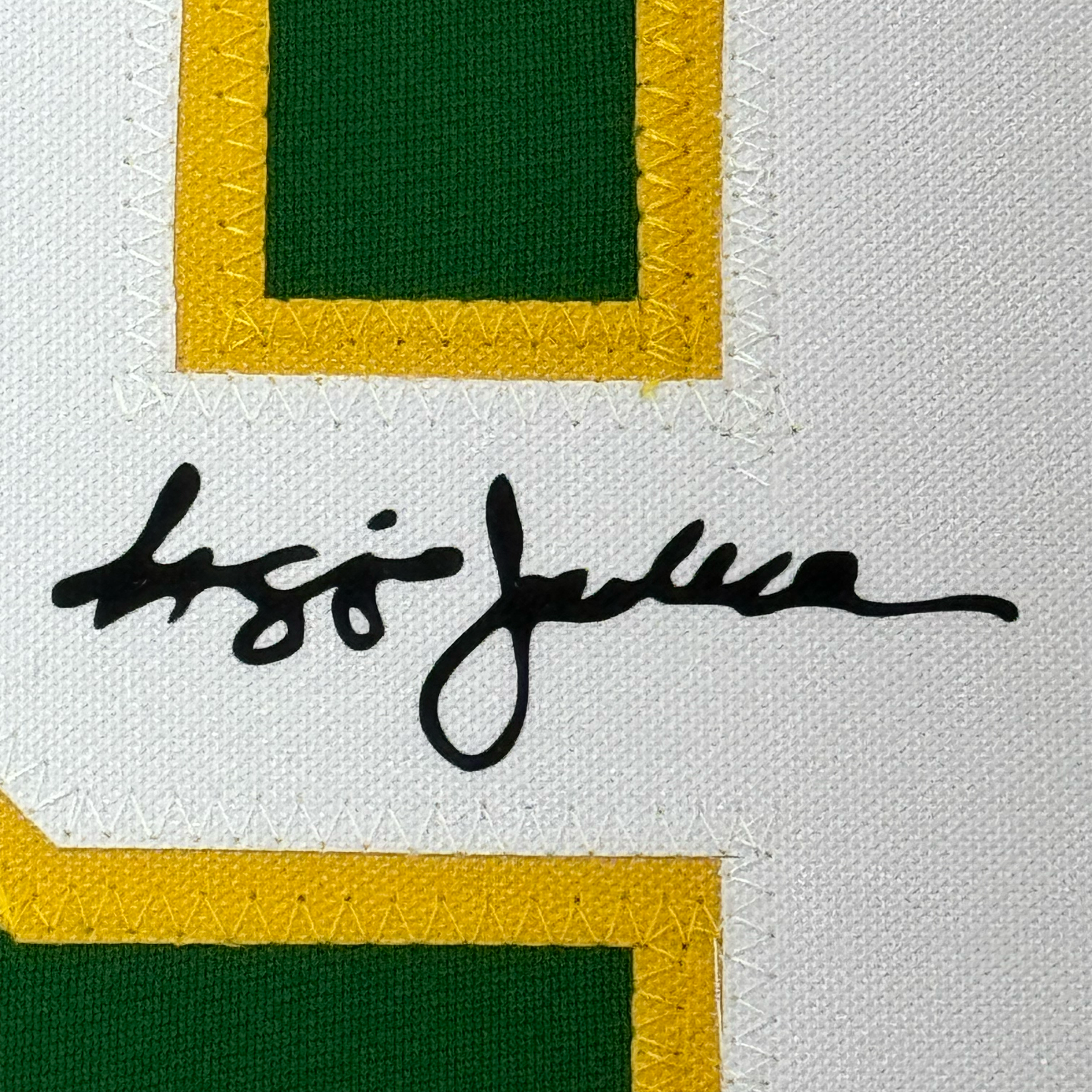 Framed Facsimile Autographed Reggie Jackson 35x39 Oakland Green Reprint Laser Auto Baseball Jersey
