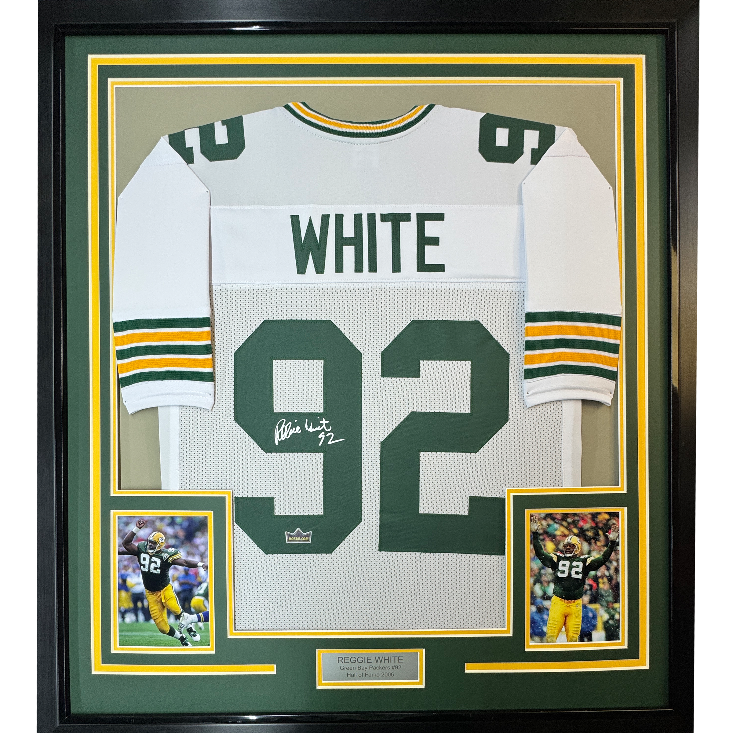 Framed Facsimile Autographed Reggie White 35x39 Green Bay White Reprint Laser Auto Football Jersey