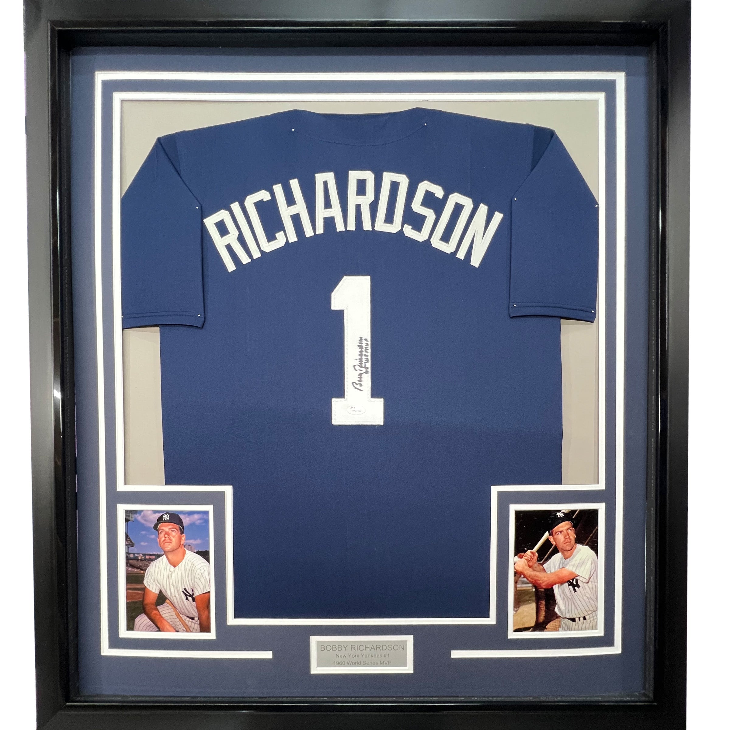 Framed Autographed/Signed Bobby Richardson 60 WS MVP 35x39 New York Blue Baseball Jersey JSA COA