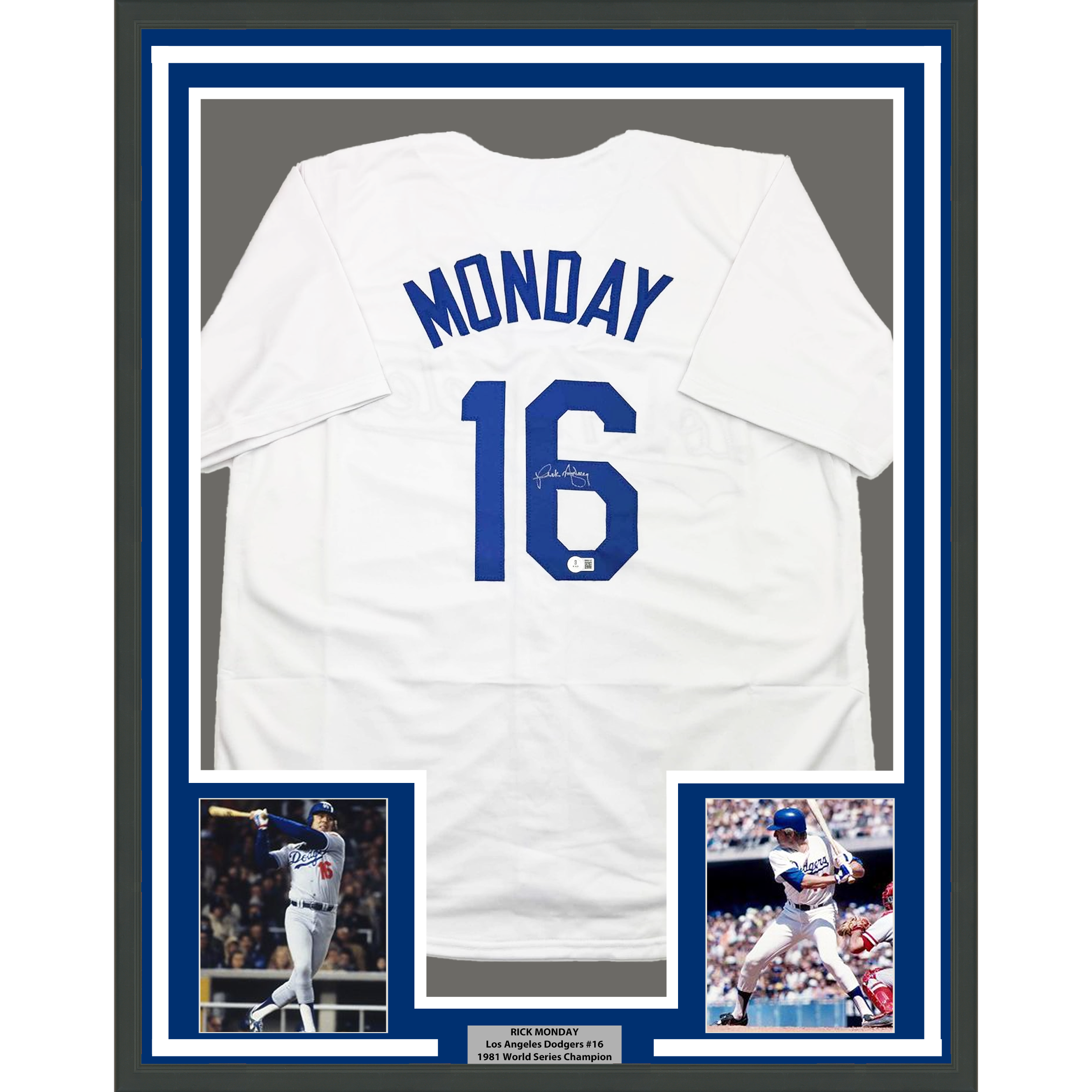 Framed Autographed/Signed Rick Monday 35x39 Los Angeles LA White Baseball Jersey Beckett BAS COA