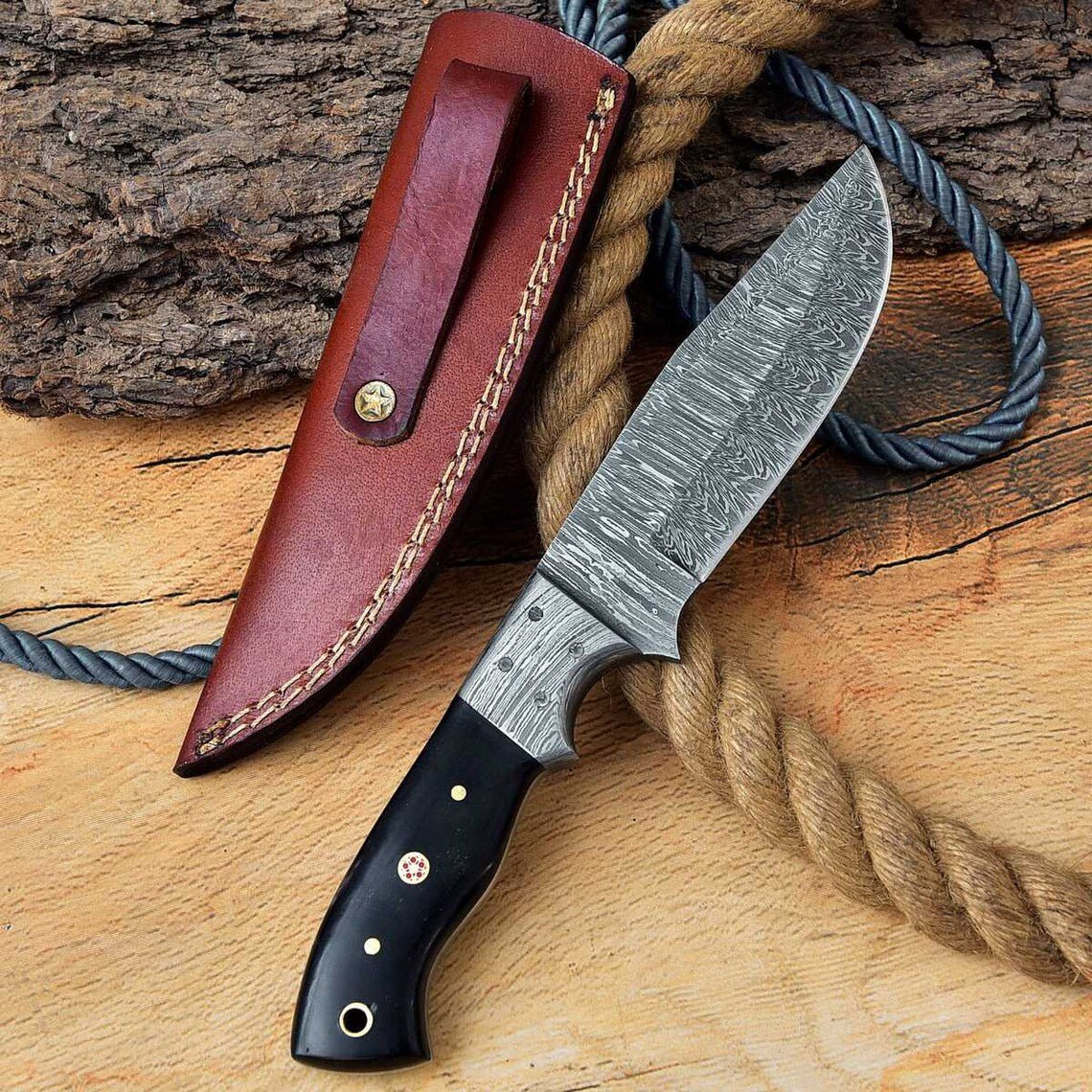 Ridgeback Ranger-Custom Handcrafted Damascus Steel Hunting Knife with Buffalo Horn Handle and Damascus Bolster