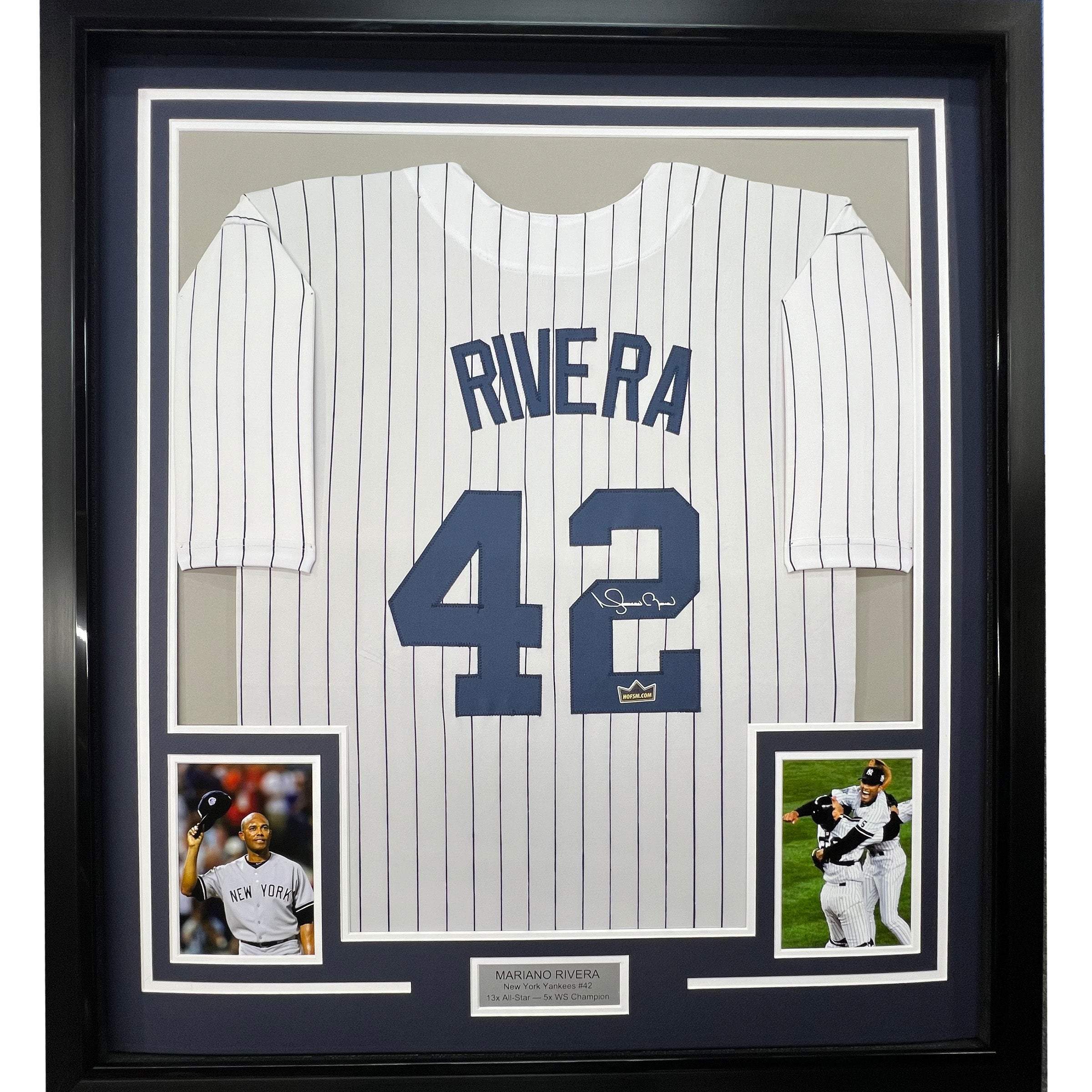 Framed Facsimile Autographed Mariano Rivera 35x39 New York Pinstripe Reprint Laser Auto Baseball Jersey