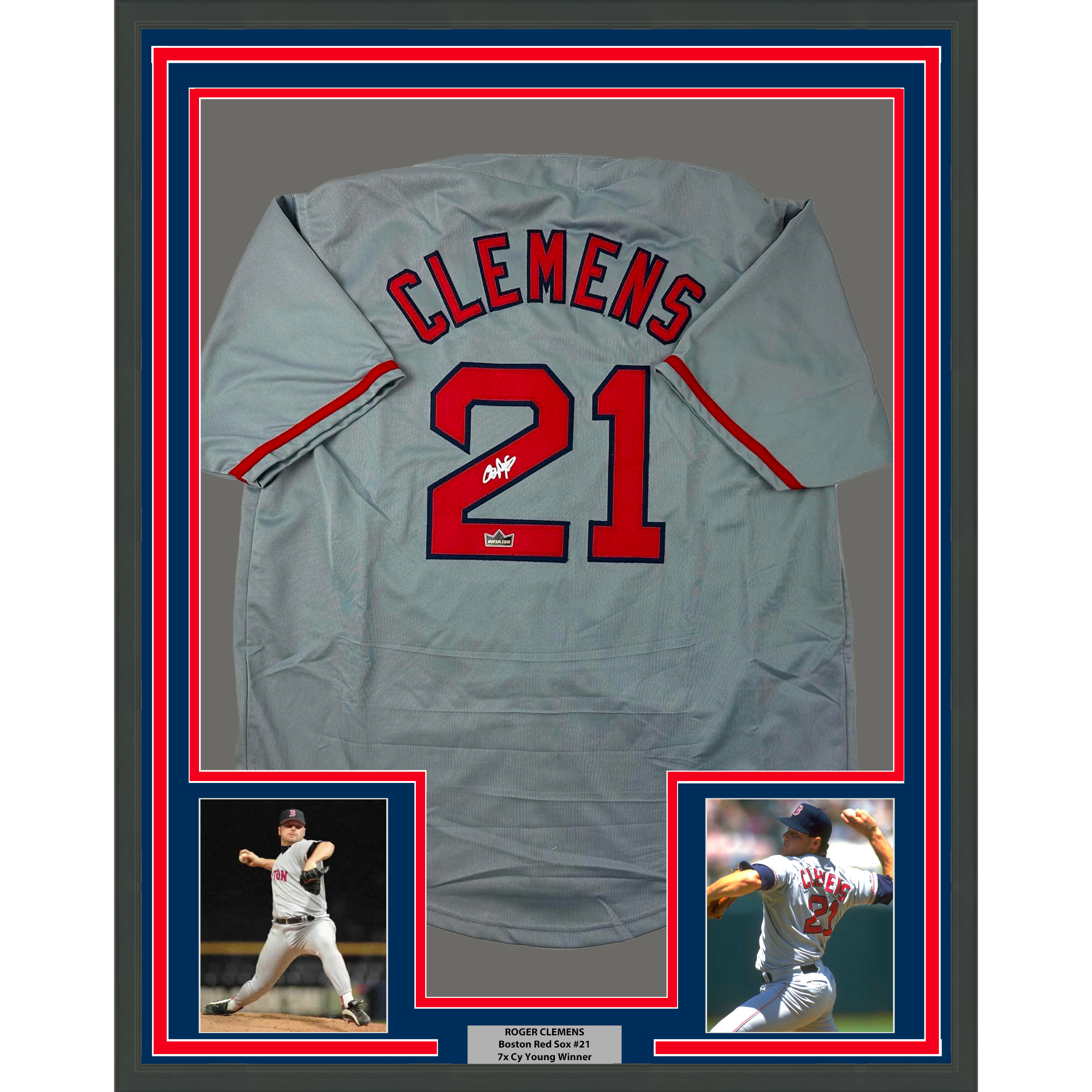 Framed Facsimile Autographed Roger Clemens 35x39 Boston Grey Reprint Laser Auto Baseball Jersey