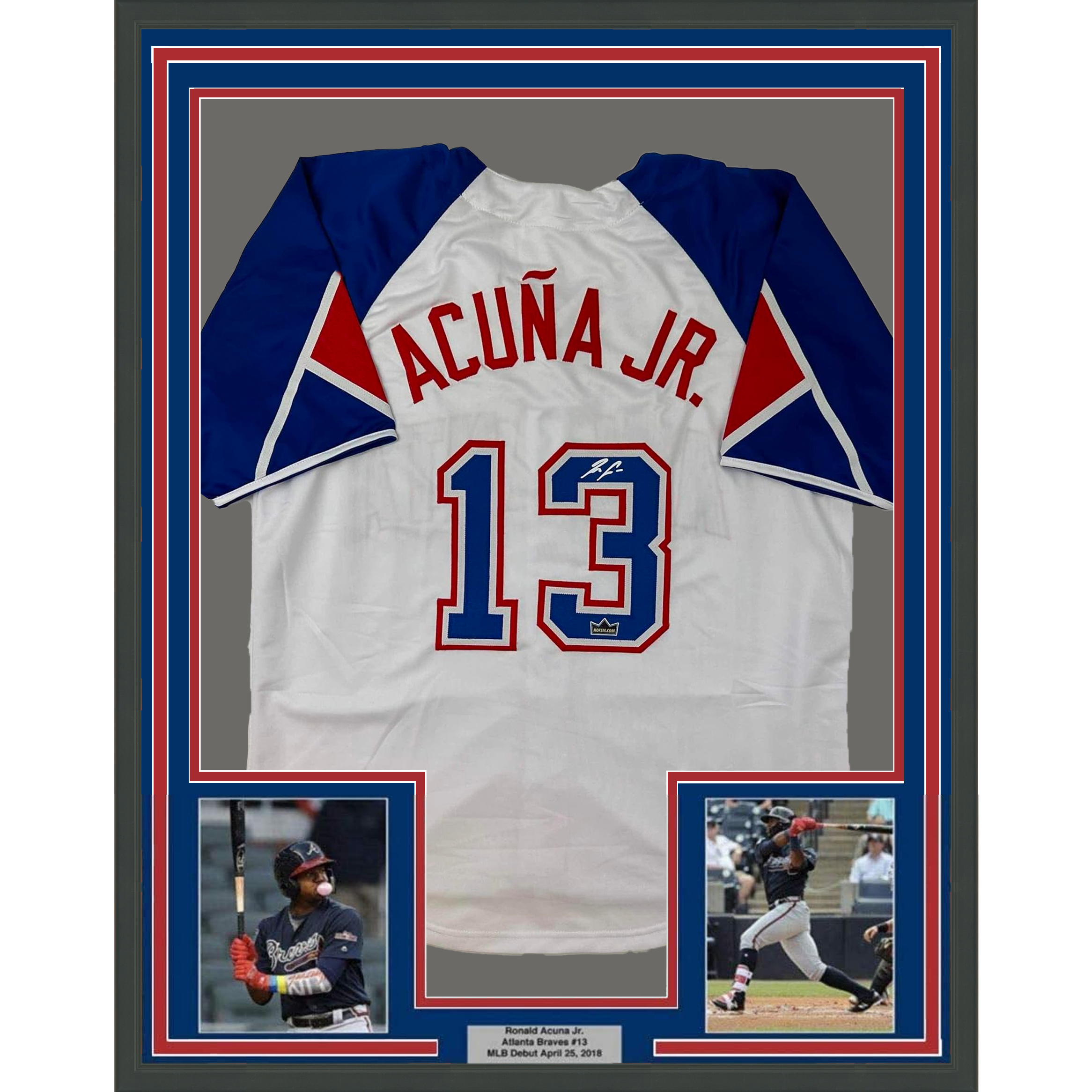 Framed Facsimile Autographed Ronald Acuna Jr. 35x39 Atlanta White Reprint Laser Auto Baseball Jersey