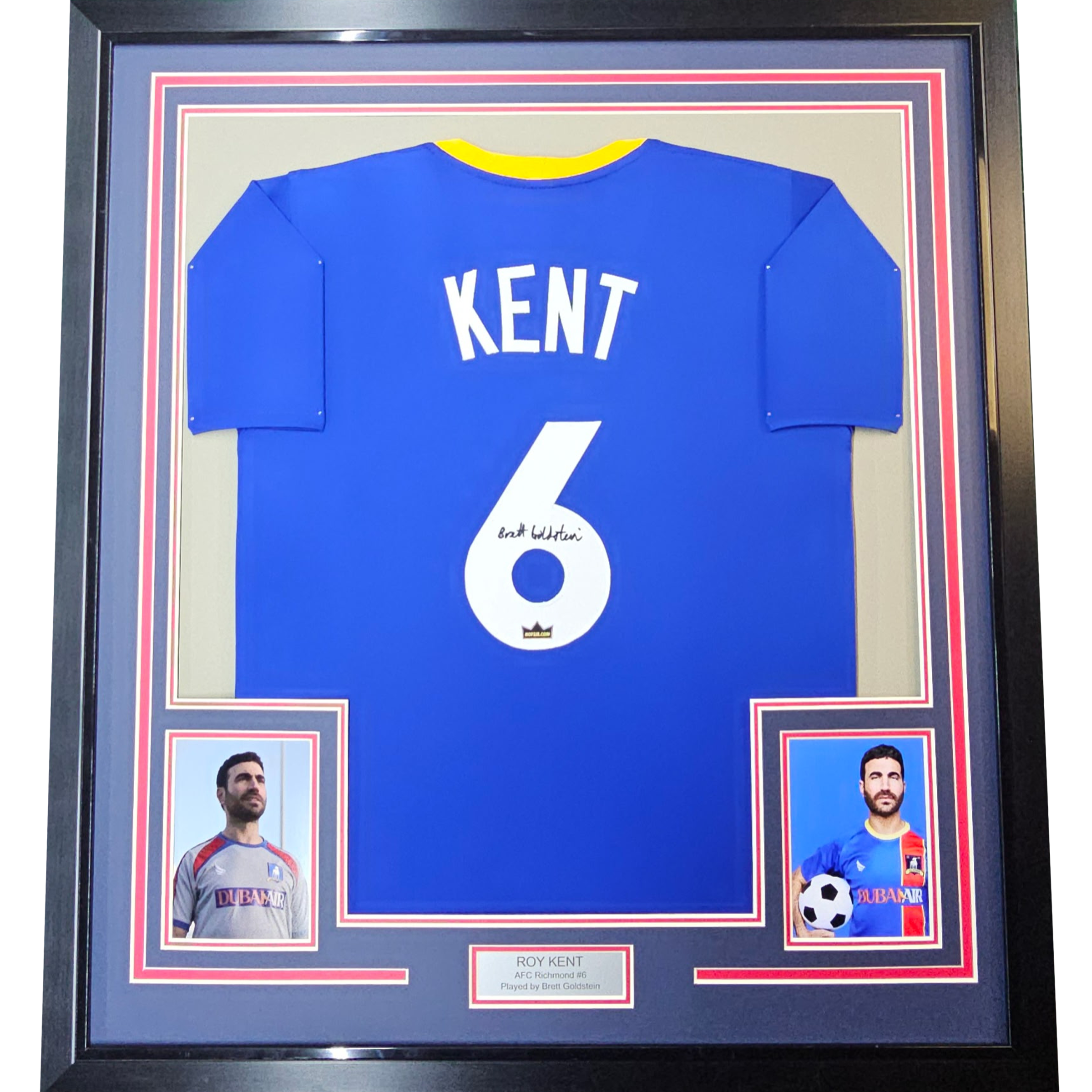 Framed Facsimile Autographed Brett Goldstein Roy Kent 35x39 AFC Richmond Ted Lasso Blue Reprint Laser Auto Soccer Jersey