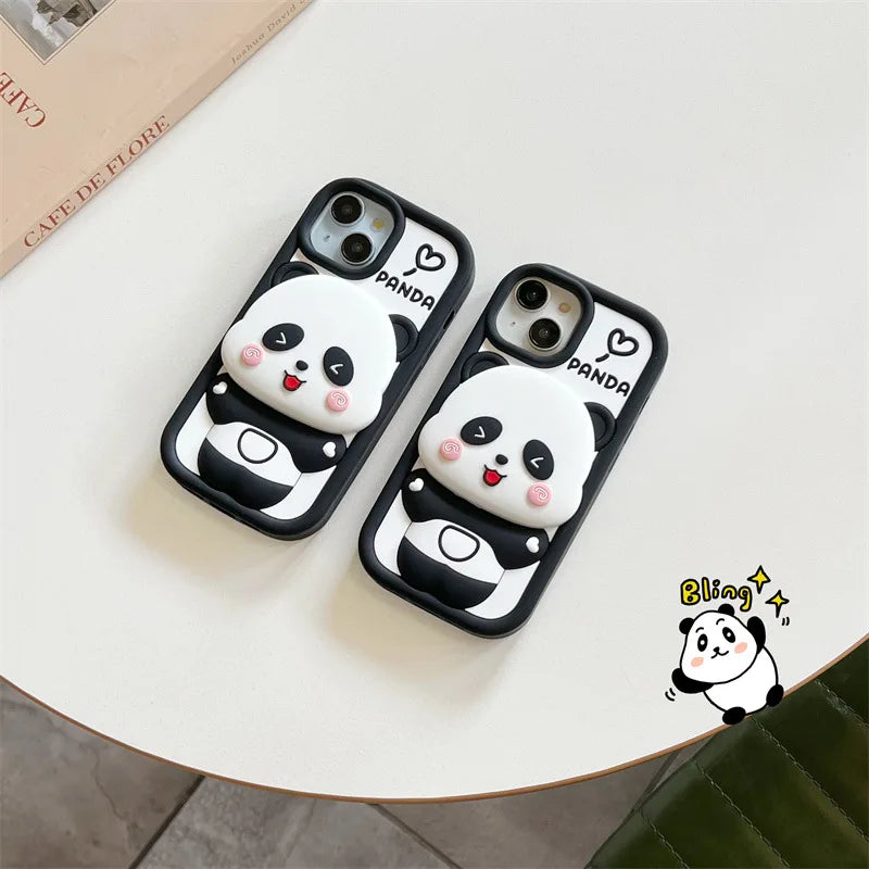 ins Cute Cartoon Panda Flip Mirror Bracket Soft Silicone Phone Case For iPhone