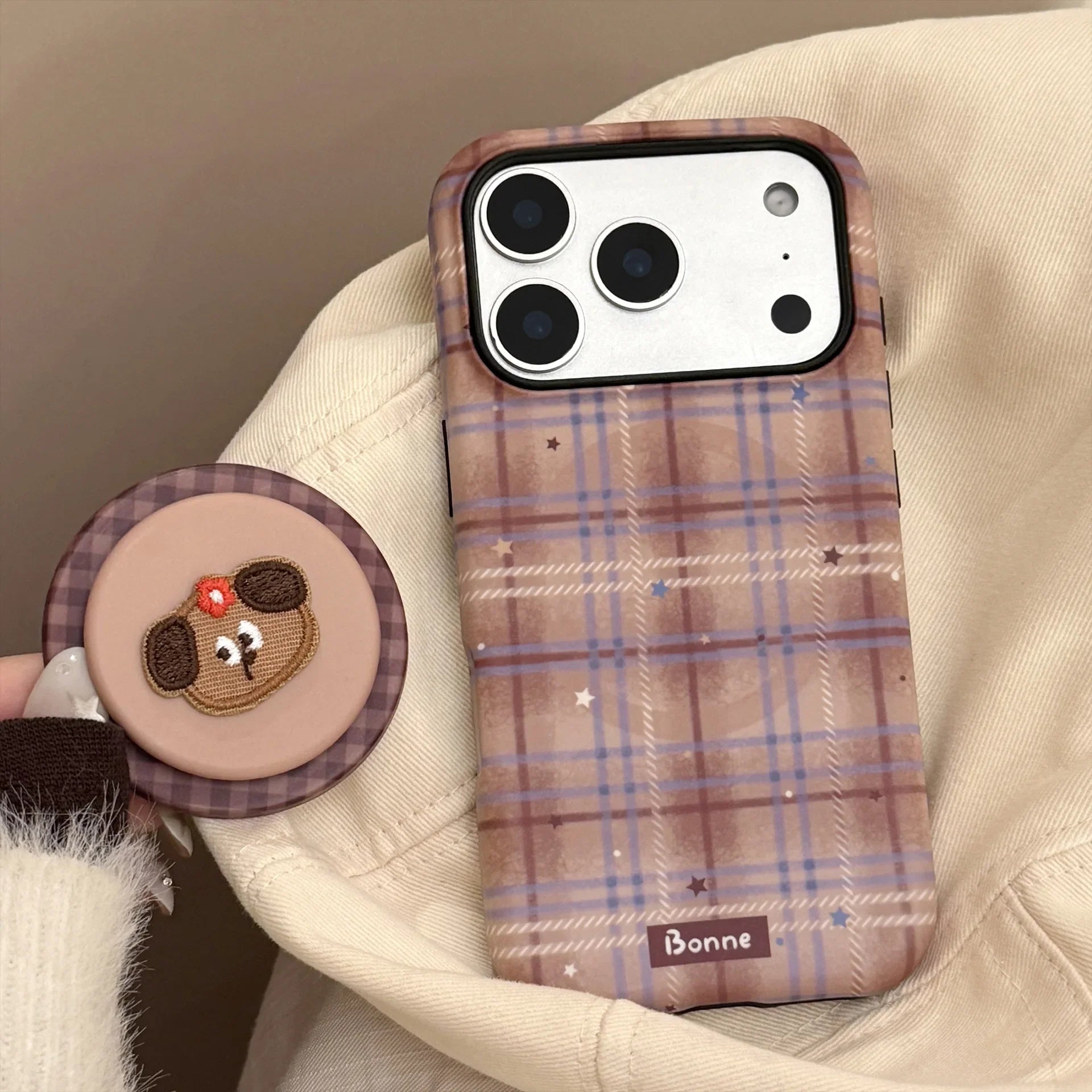 Cute Grid Pattern Cartoon Embroidery Puppy Bracket Magnetic Phone Case For iPhone