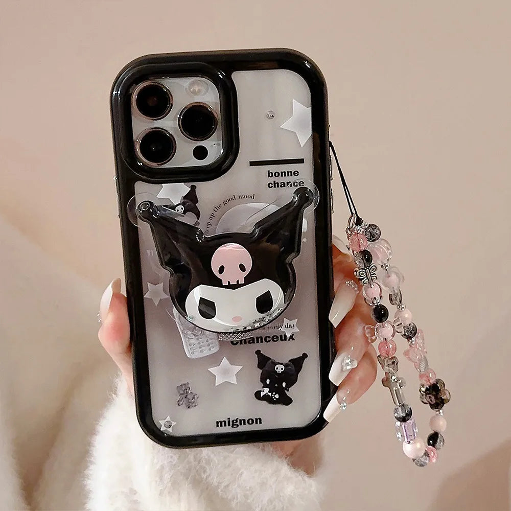 Cute Cartoon Kuromi Quicksand Bracket Phone Case With Lanyard For iPhone