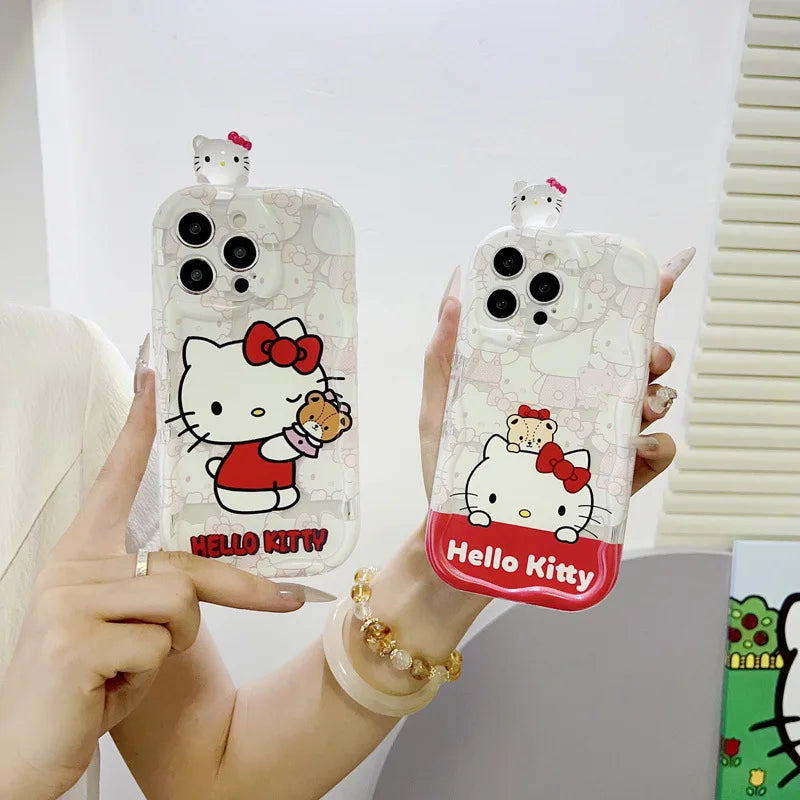 Cute 3D Cartoon Hello Kitty Diamond Bracket Wave Phone Case For iPhone