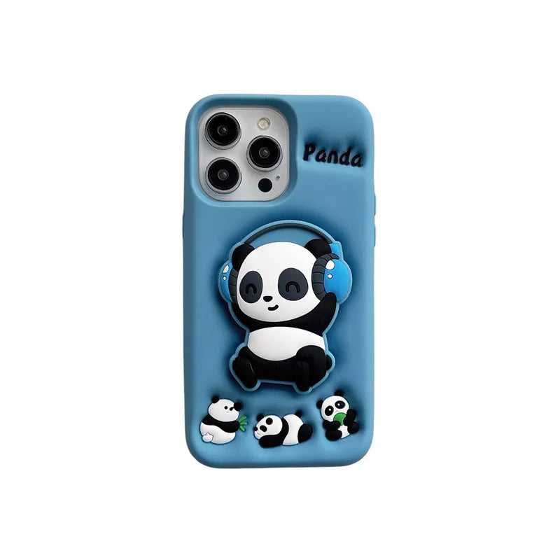 Cartoon Headset Panda Soft Silicone Telescopic Bracket Phone Case For iPhone
