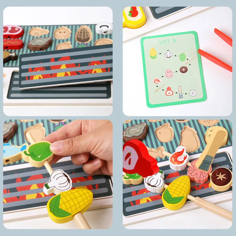 Kids Wooden Barbecue Kitchen Toy Set – Pretend Play Food Cutting Game