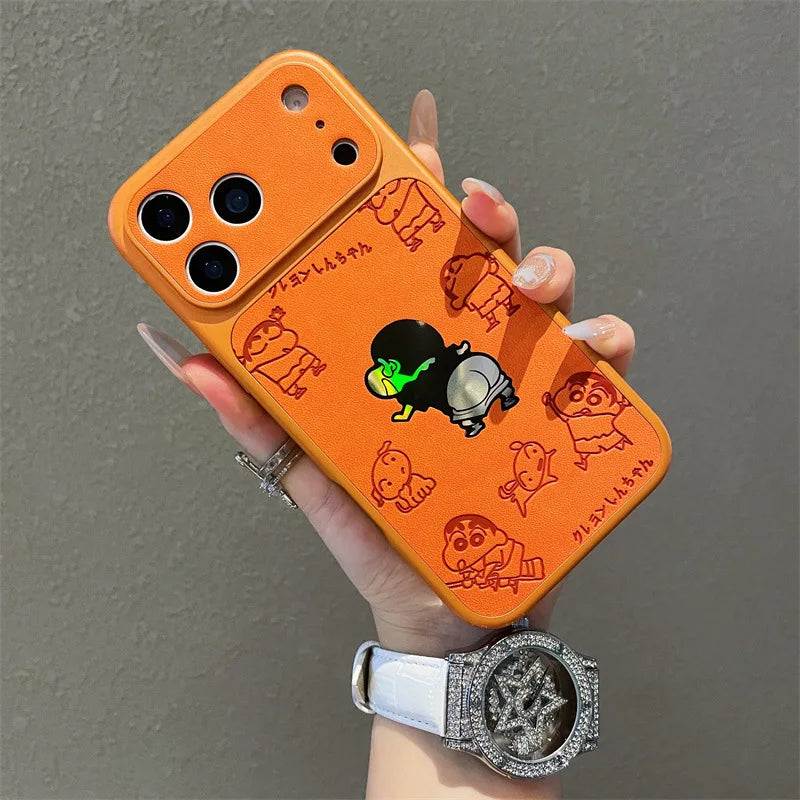 Anime Cartoon Crayon Shin-chan Butt Emboss Leather Texture Laser Phone Case For iPhone