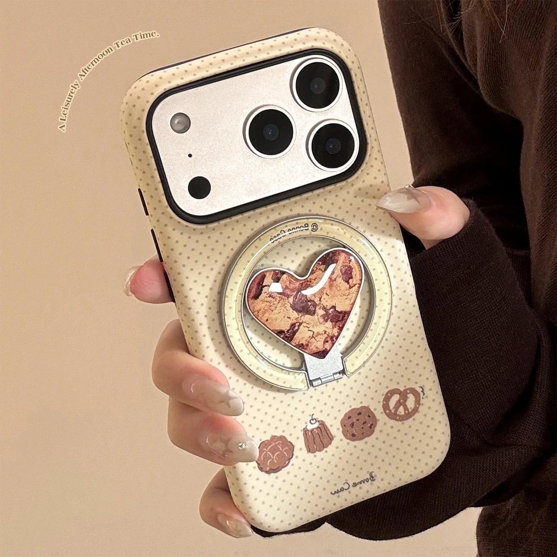 Cute Wave Point Cookie Bread Fold Love Heart Bracket Magnetic Phone Case For iPhone