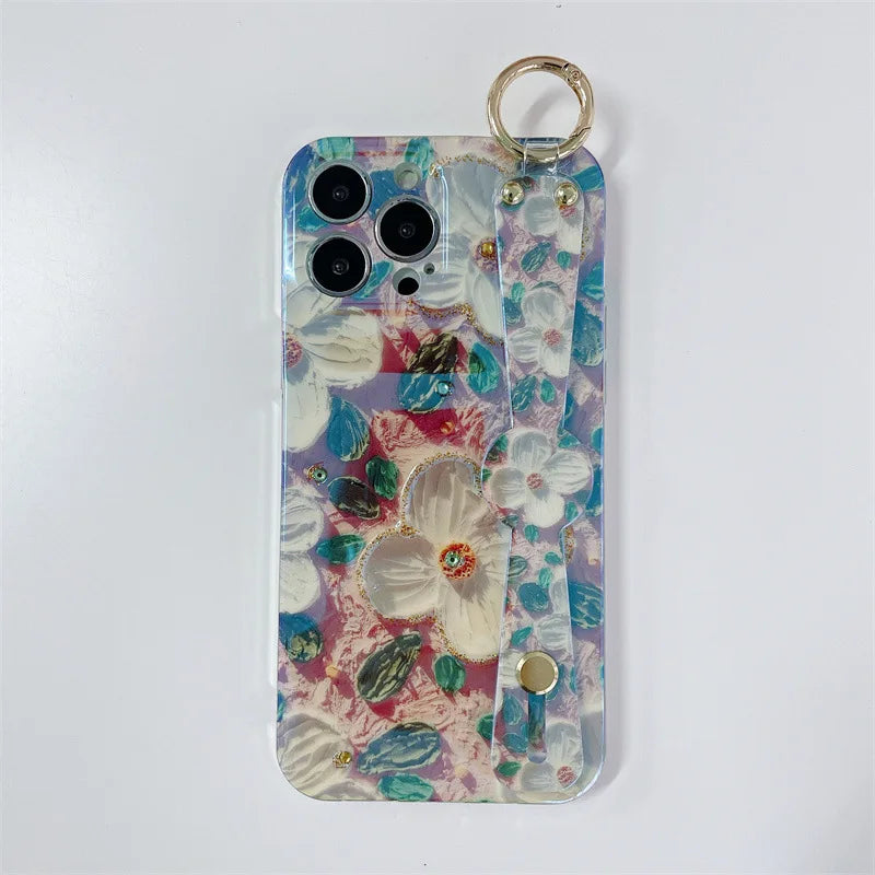 Fashion Oil Painting Flower Crossbody Lanyard Wrist Strap Phone Case For iPhone