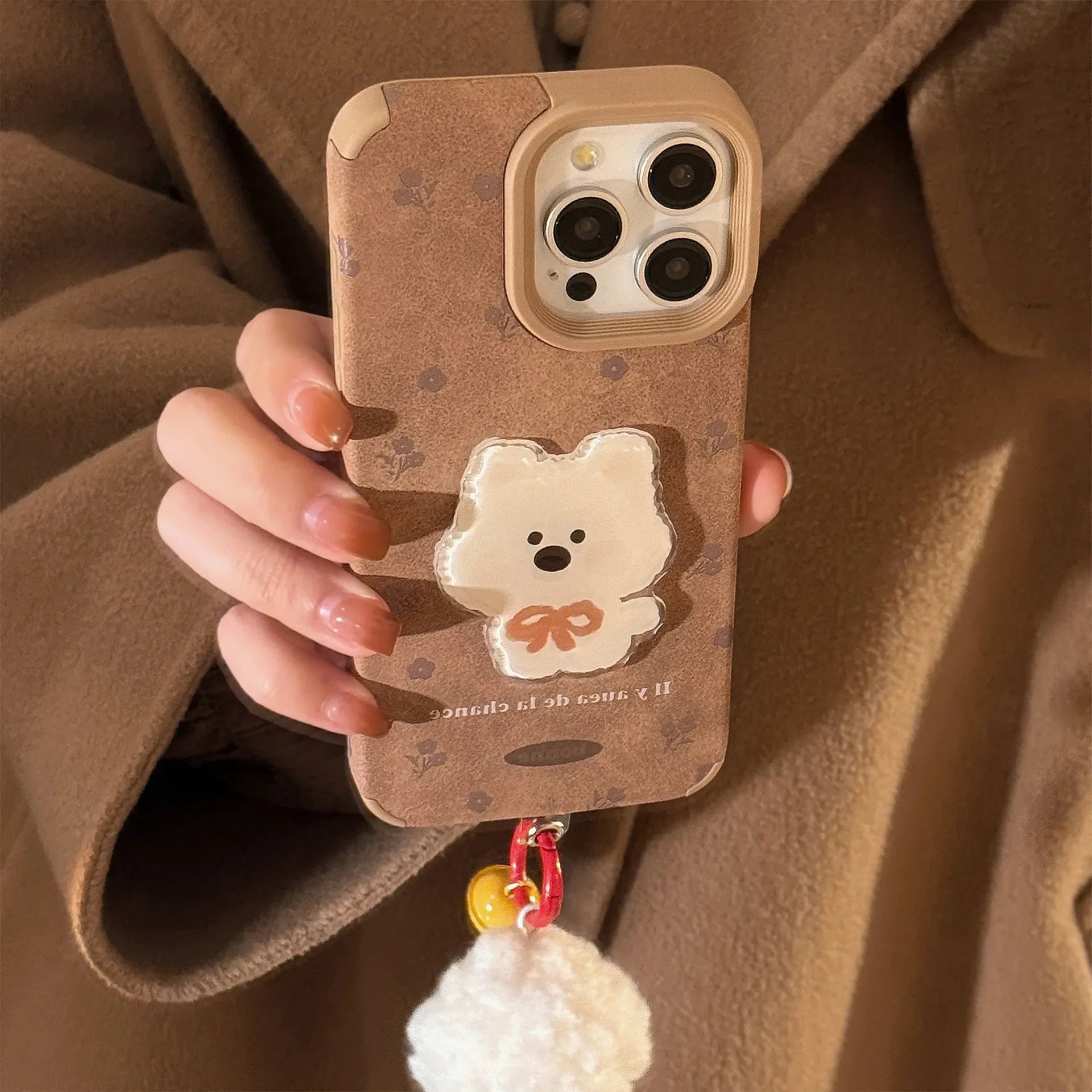 Cute Cartoon 3D White Puppy Flowers Suede Leather Phone Case With Pendants For iPhone