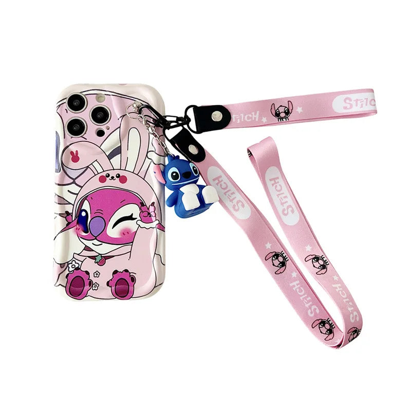 Cute Cartoon Stitch Angel With Crossbody Lanyard Pendant Wave Phone Case For iPhone
