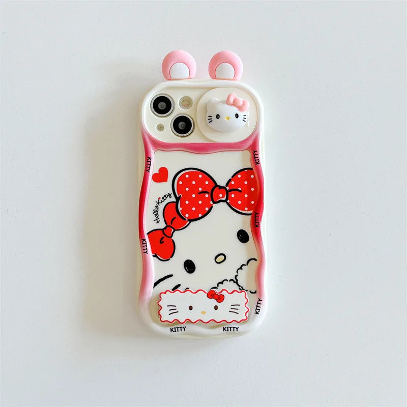 Ins Cute Cartoon 3D Ears Hello Kitty Wavy Sliding Camera Bracket Phone Case For iPhone