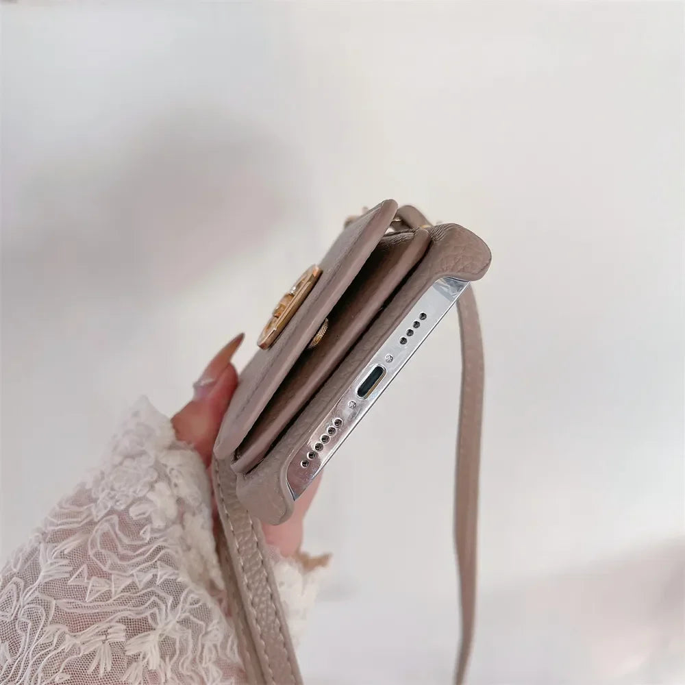 Makeup Mirror Flip Card Pocket Leather Case For iPhone