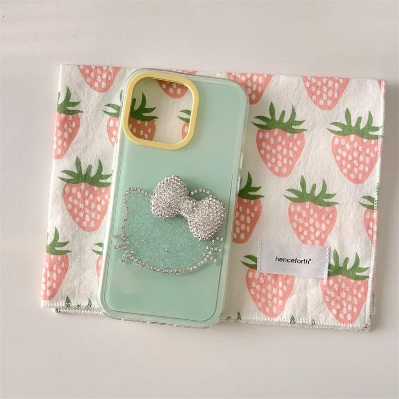Luxury Rhinestone Bow Jelly Solid Color Glitter Hello Kitty Phone Case For iPhone