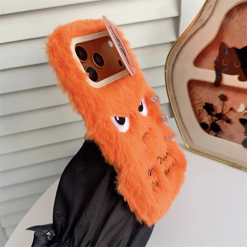 Cartoon Angry Face Expression Fluffy Plush Phone Case For iPhone