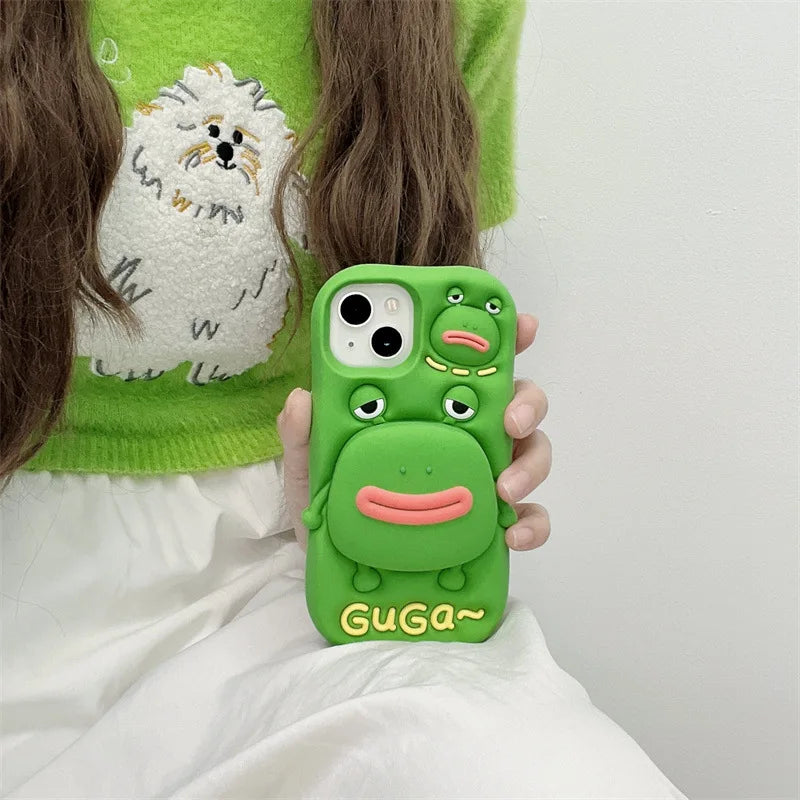 Cute Cartoon Thick Lips Frog Silicone Telescopic Bracket Phone Case For iPhone