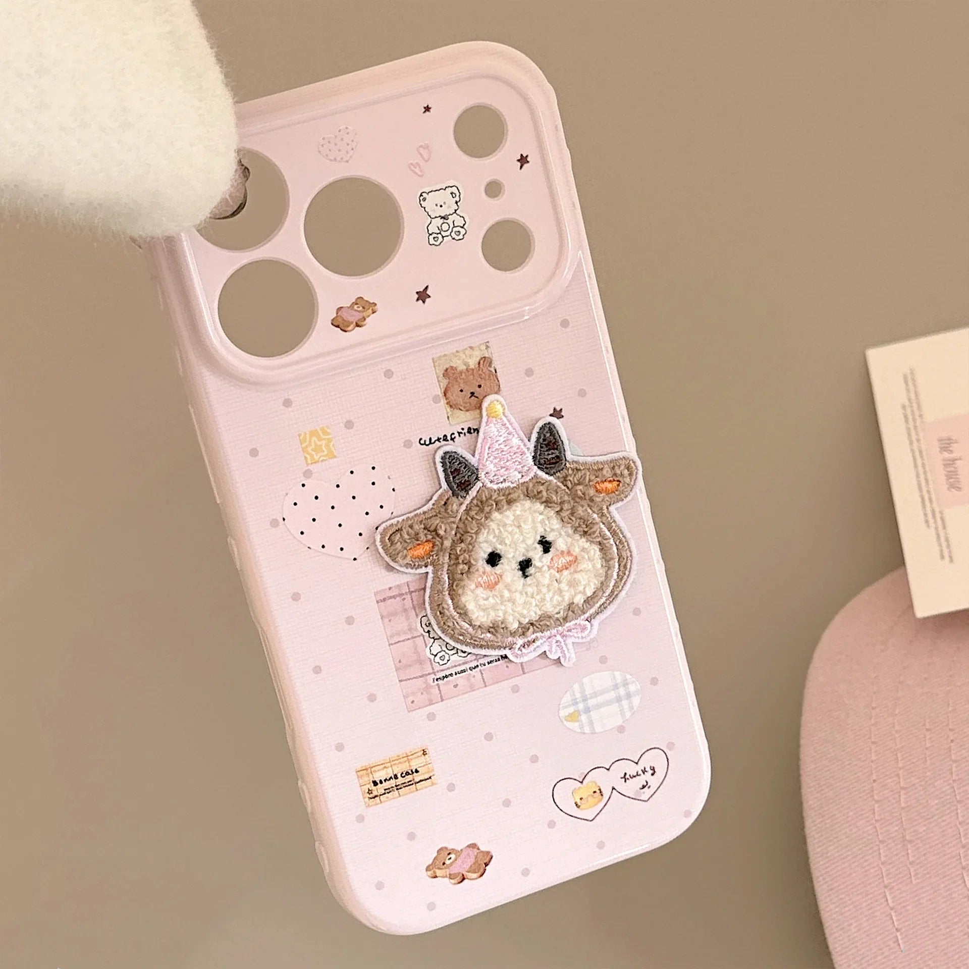 Korean Cartoon Embroidery Plush Sheep Sticker Phone Case With Chain For iPhone