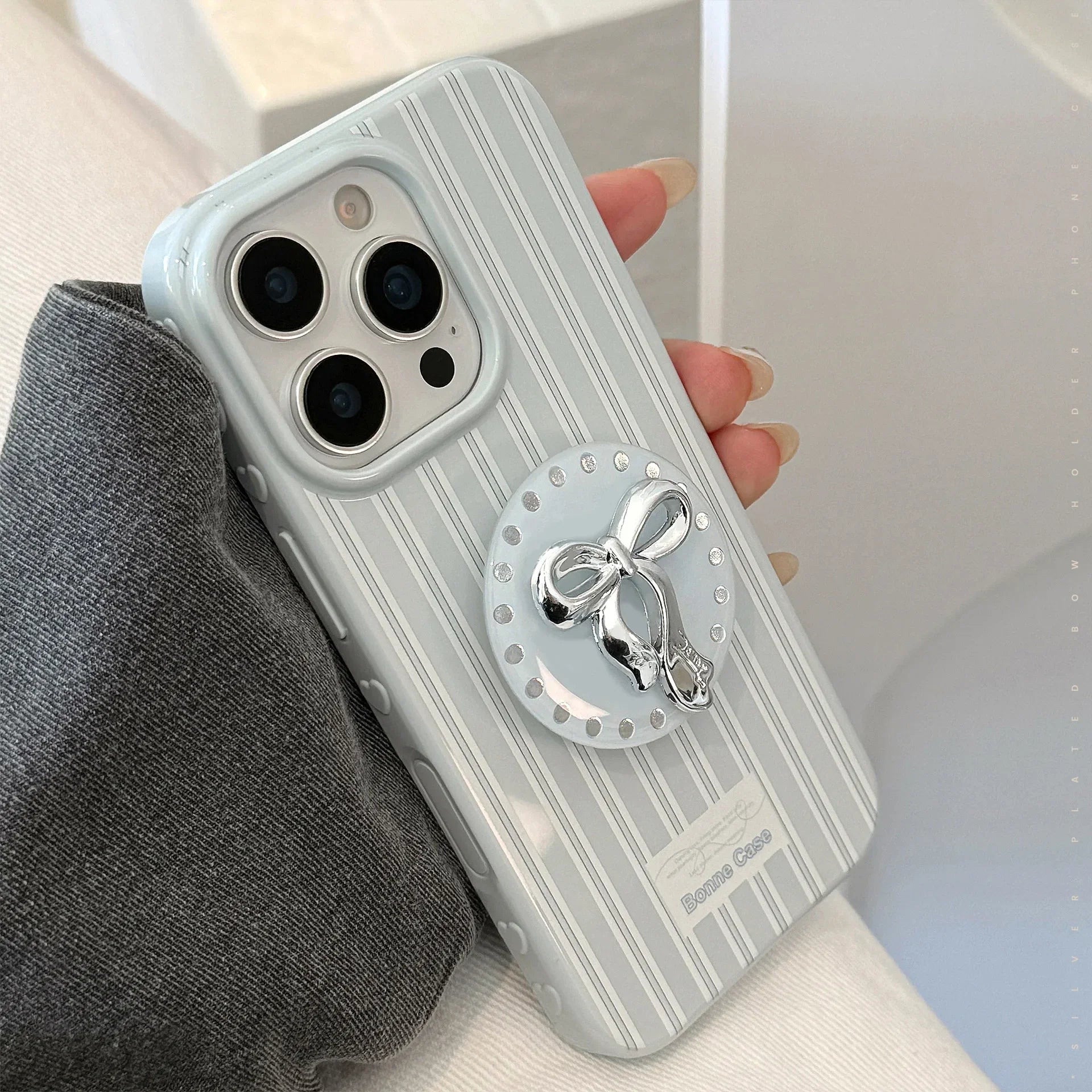 Korean Cute Blue Striped 3D Sliver Bowknot Bracket Soft Phone Case For iPhone
