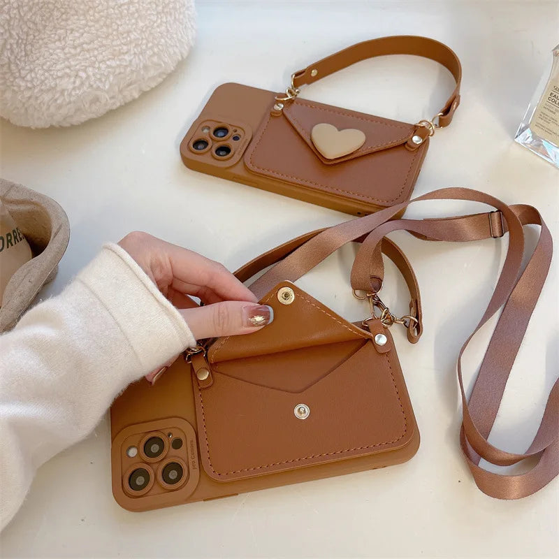 Heart Card Holder Crossbody Lanyard Leather Texture Phone Case For iPhone