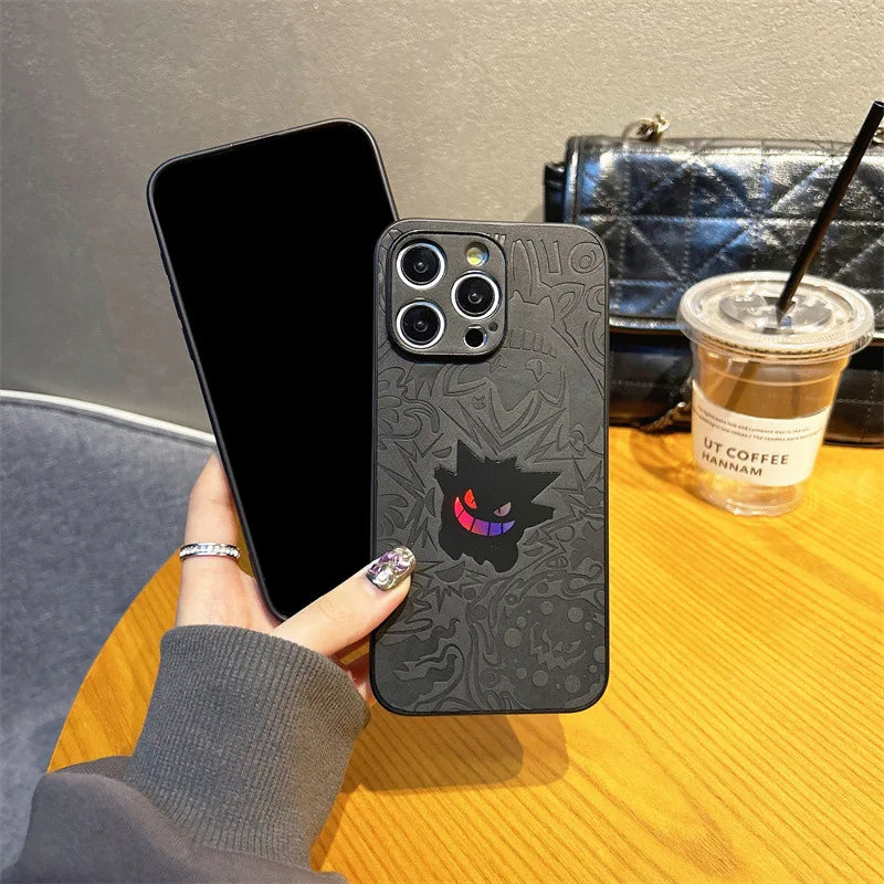 Cute Cartoon Gengar Emboss Leather Texture Laser Phone Case For iPhone