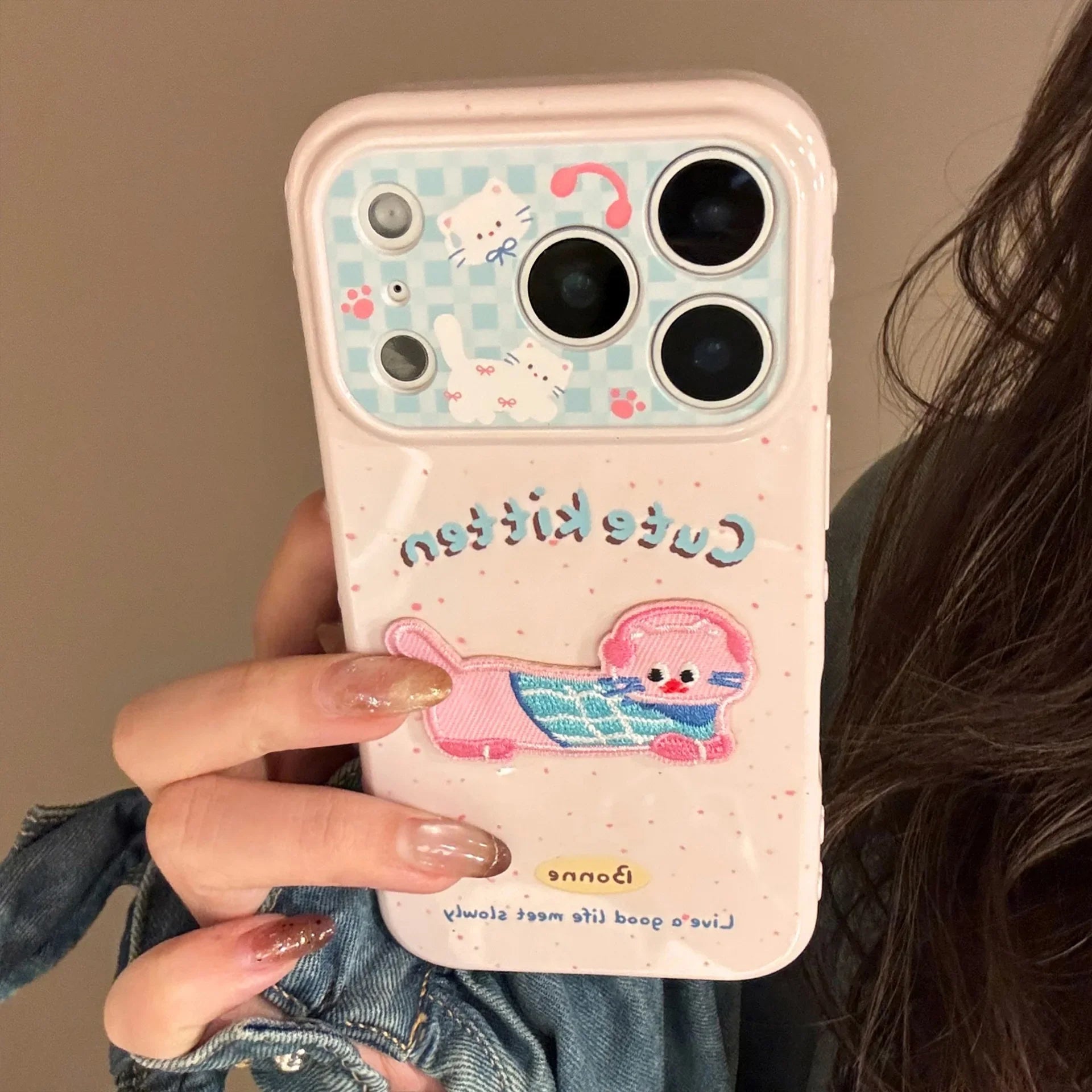 Korean Pink Splashed Ink 3D Cute Cartoon Embroidery Kitten Soft Phone Case For iPhone