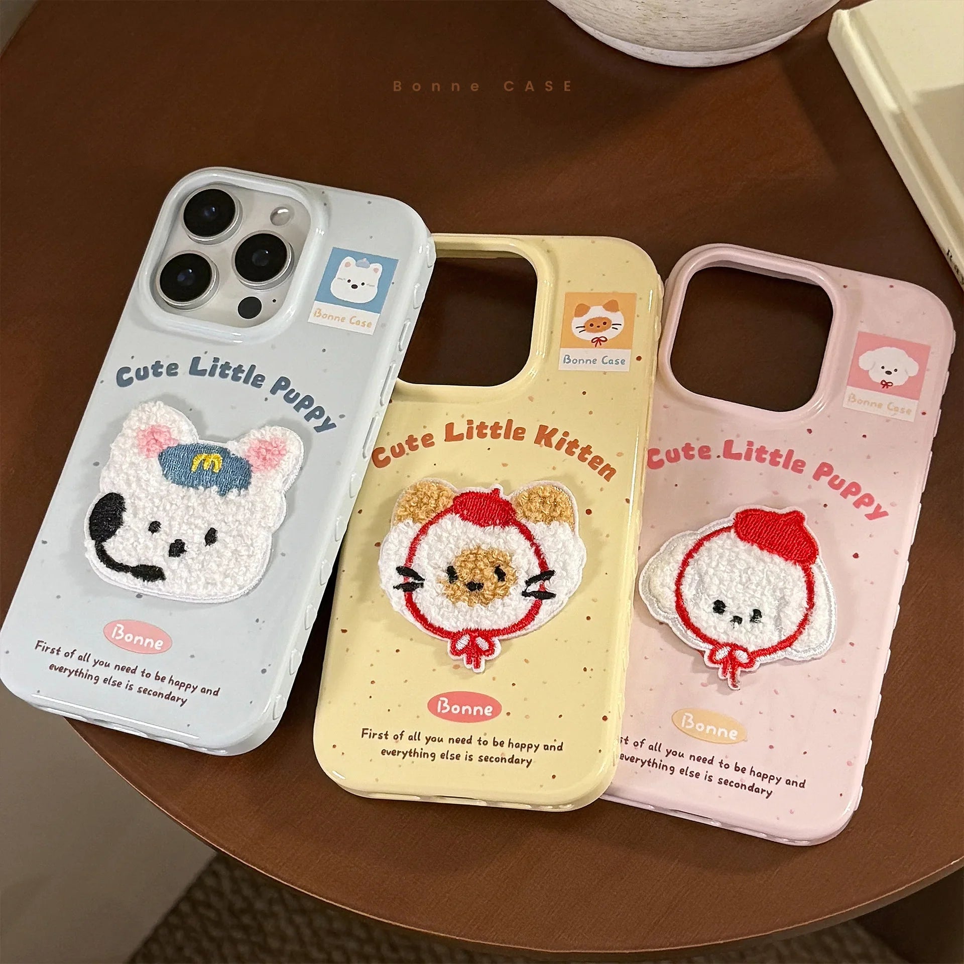 Cute Cartoon 3D Plush Embroidered Puppy Kitten Soft Phone Case For iPhone