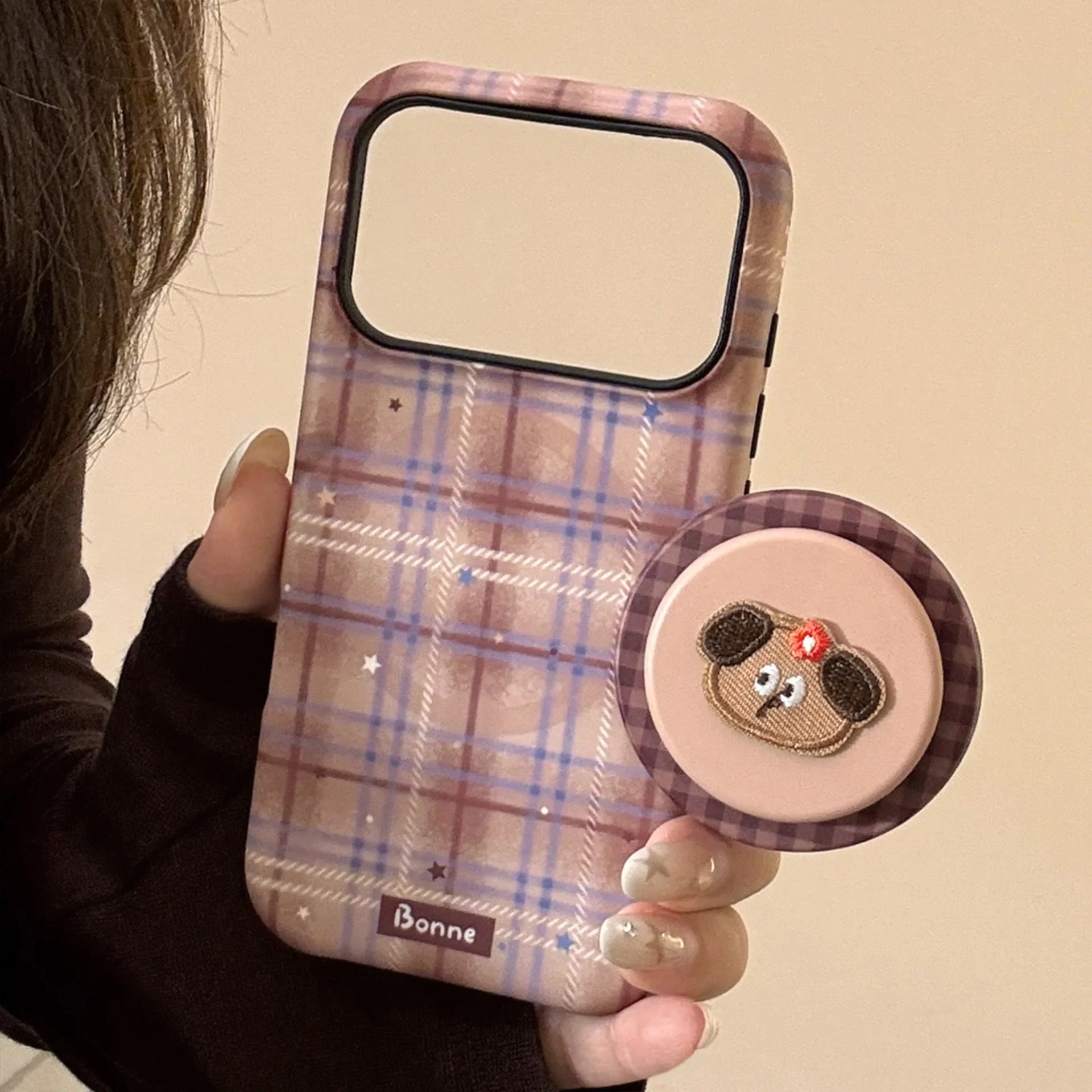 Cute Grid Pattern Cartoon Embroidery Puppy Bracket Magnetic Phone Case For iPhone