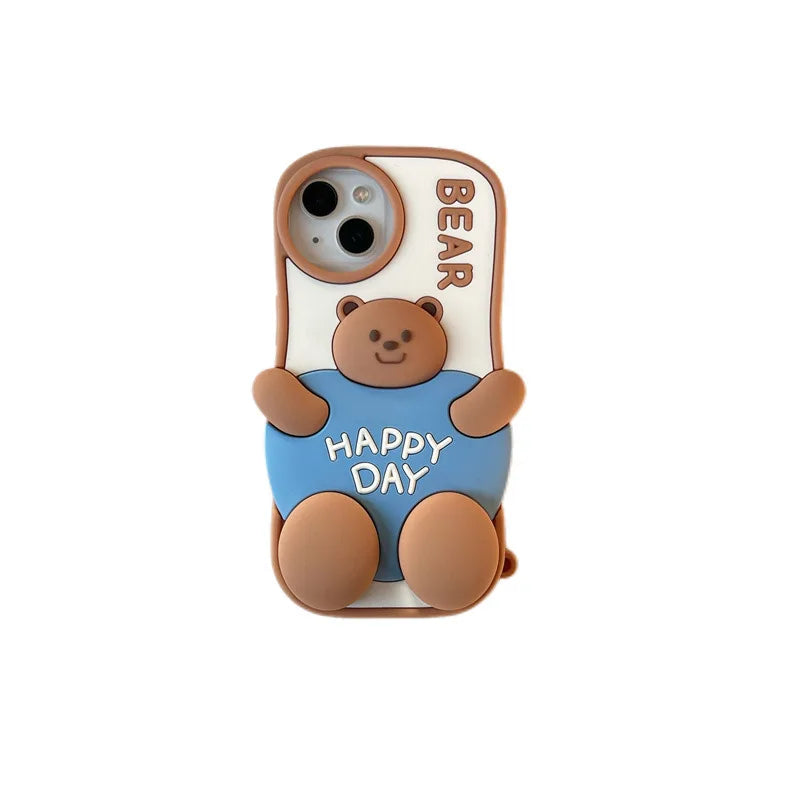 3D Cute Cartoon Fat Bear Silicone Telescopic Bracket Phone Case For iPhone