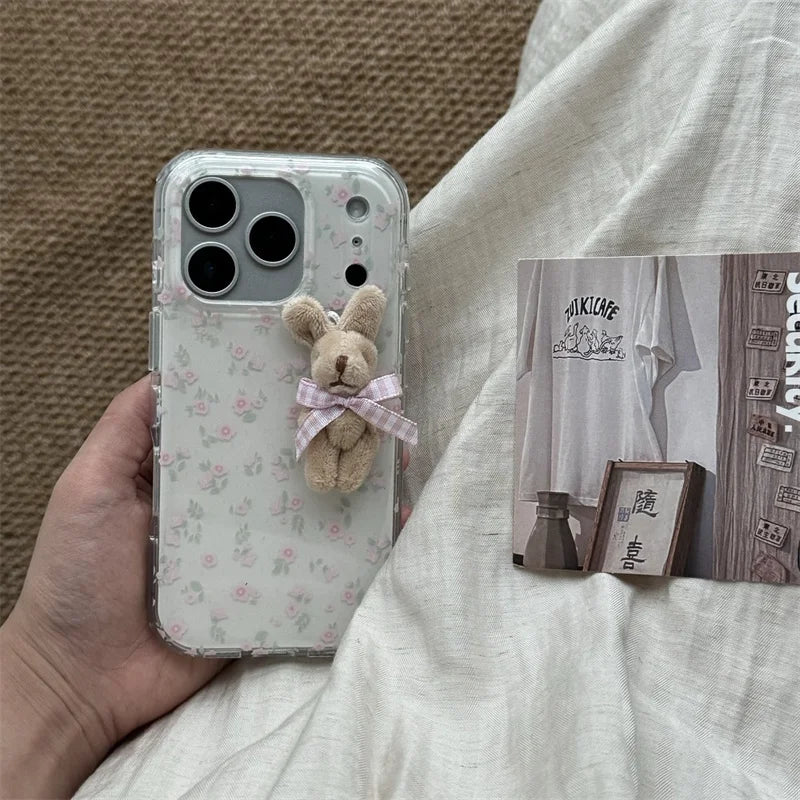 Korean Cute Flower 3D Plush Rabbit Phone Case For iPhone